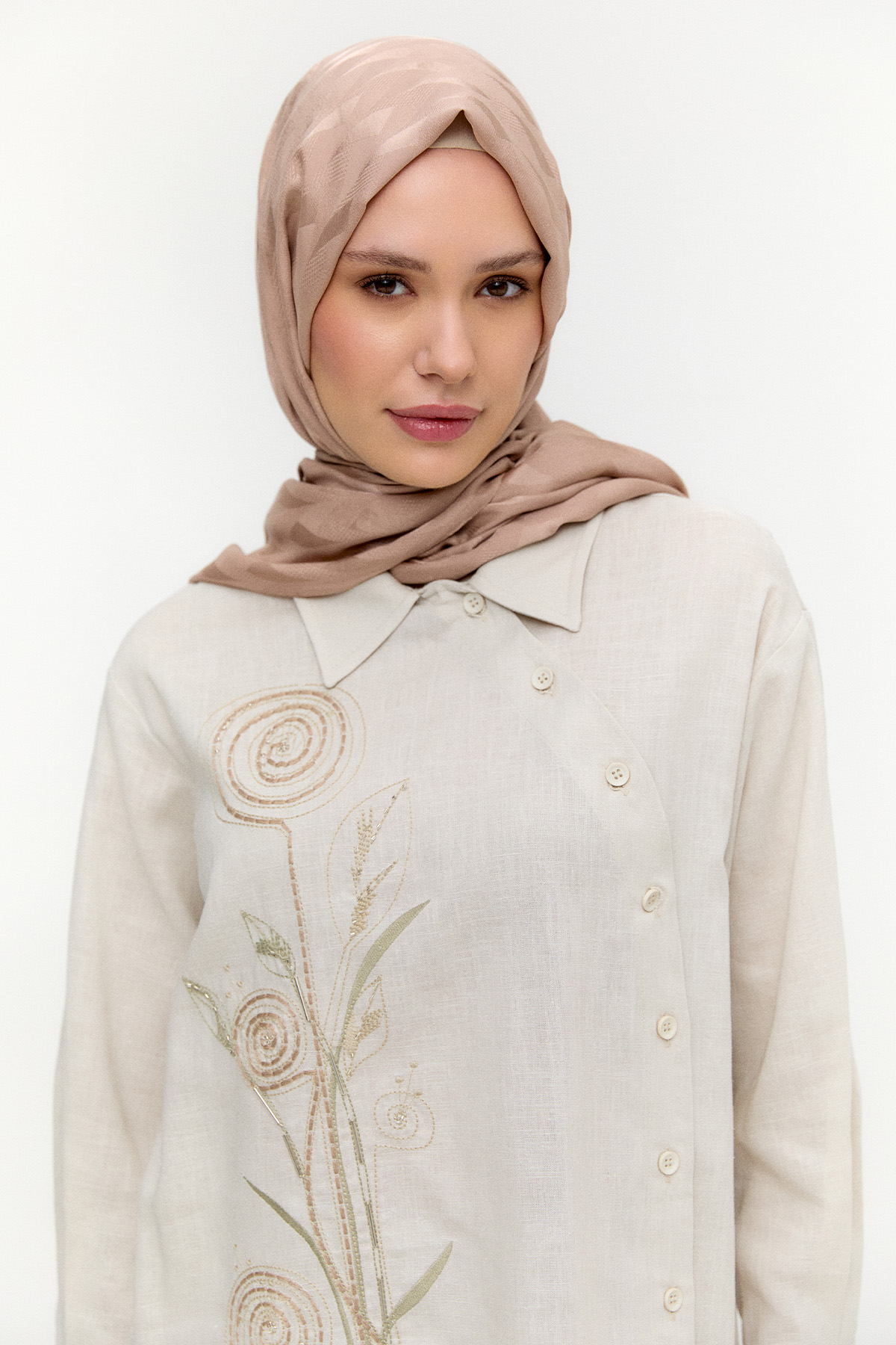 Nakışlı Keten Görünümlü İkili Takım, Tesettür Giyim