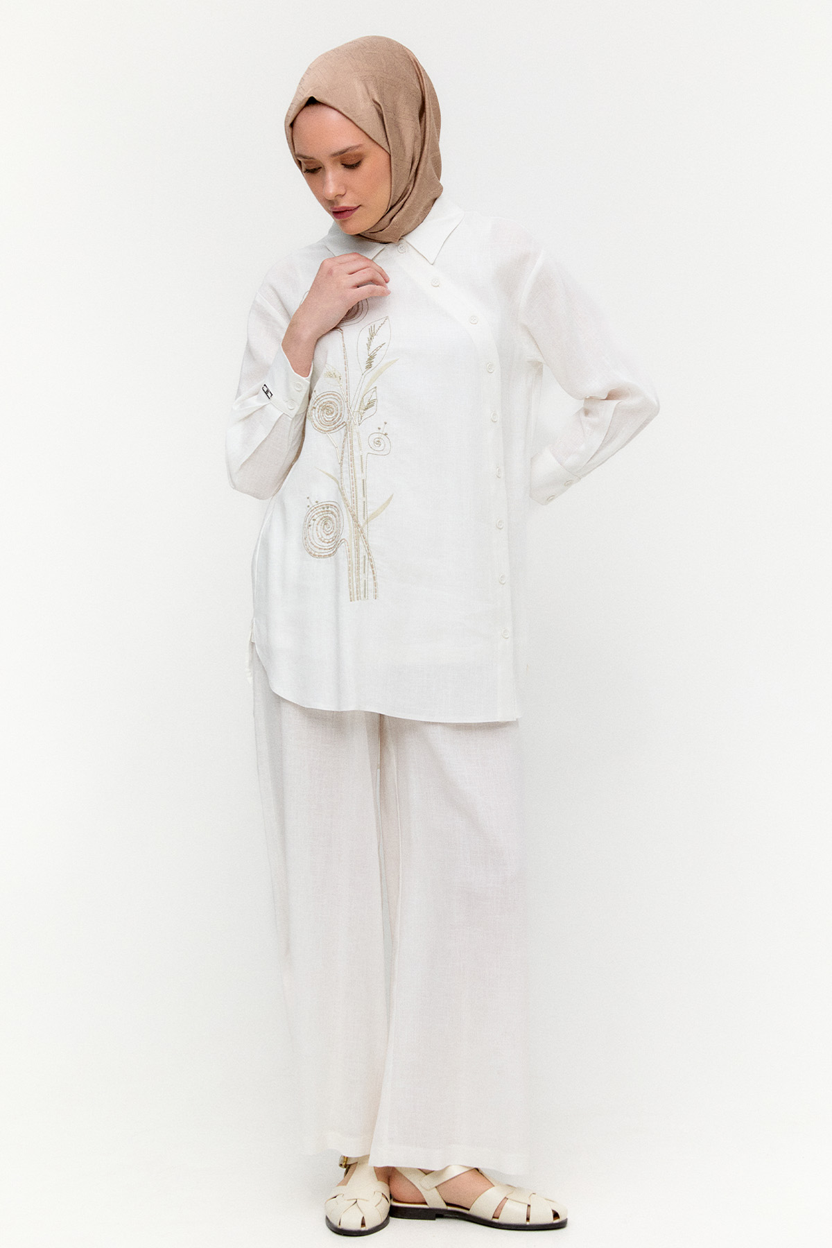 Nakışlı Keten Görünümlü İkili Takım, Tesettür Giyim