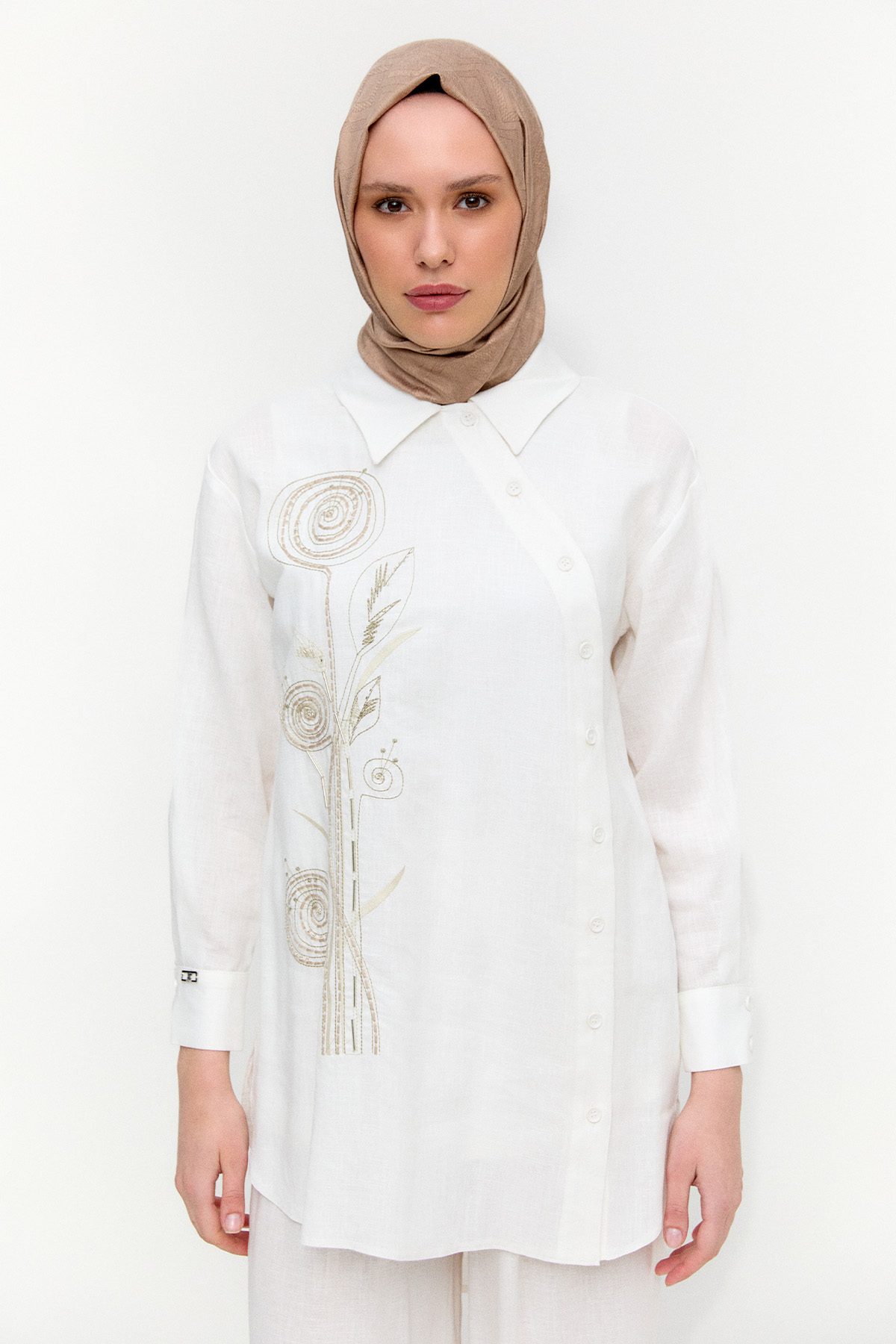 Nakışlı Keten Görünümlü İkili Takım, Tesettür Giyim