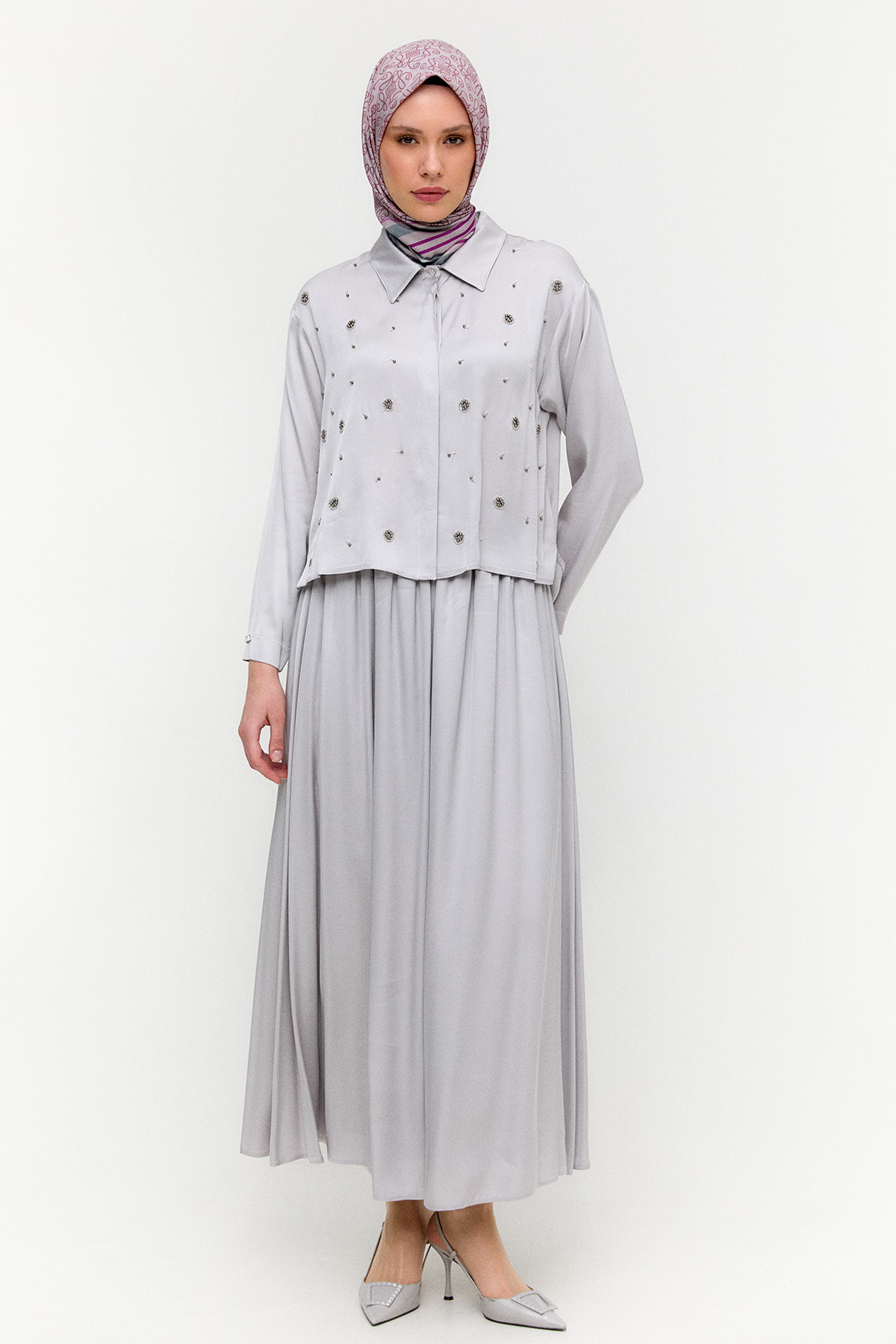 Boncuk İşlemeli İkili Saten Takım, Tesettür Giyim
