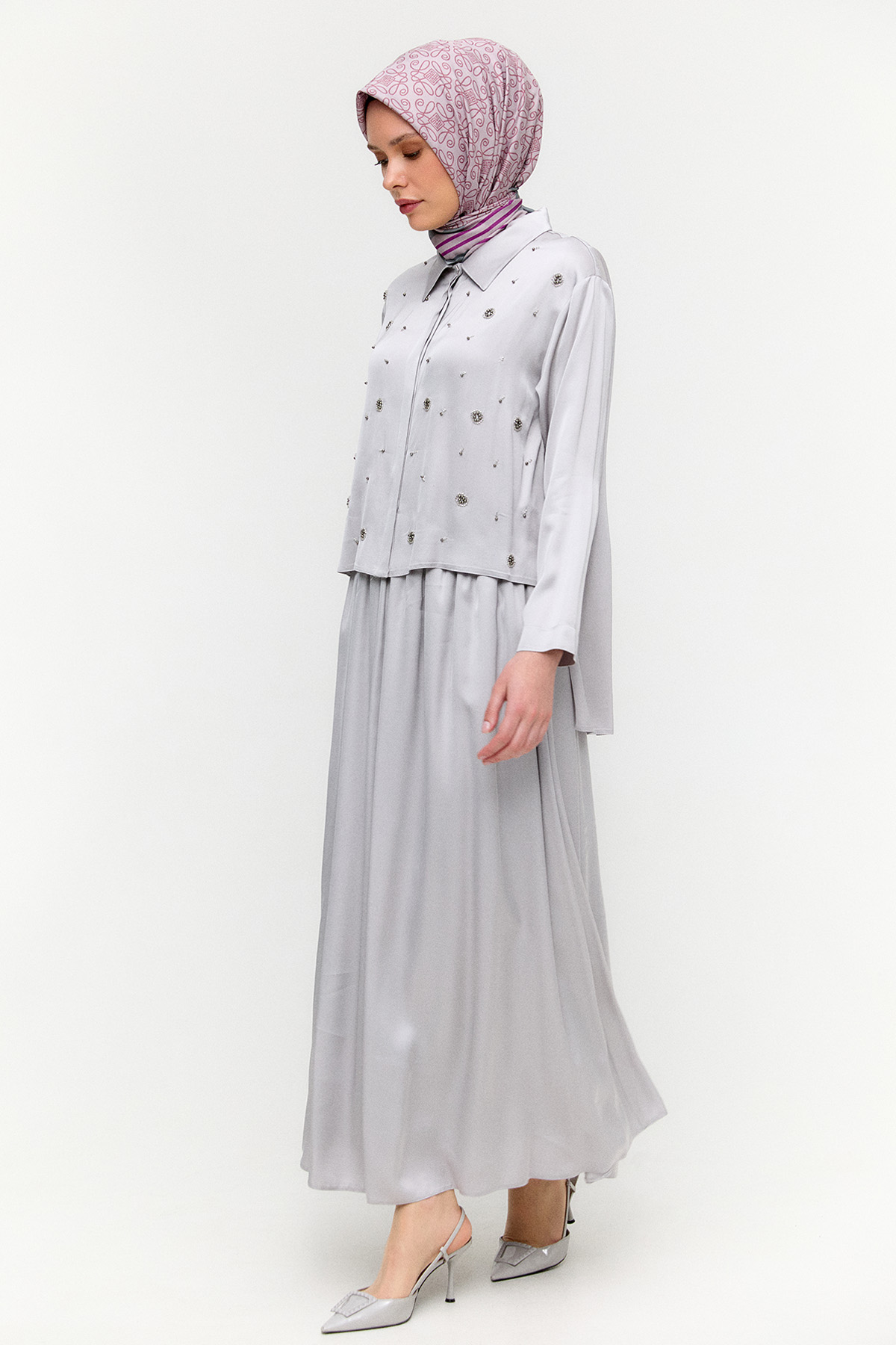 Boncuk İşlemeli İkili Saten Takım, Tesettür Giyim