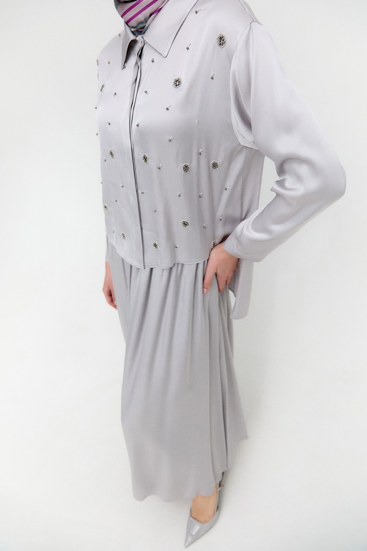 Boncuk İşlemeli İkili Saten Takım, Tesettür Giyim