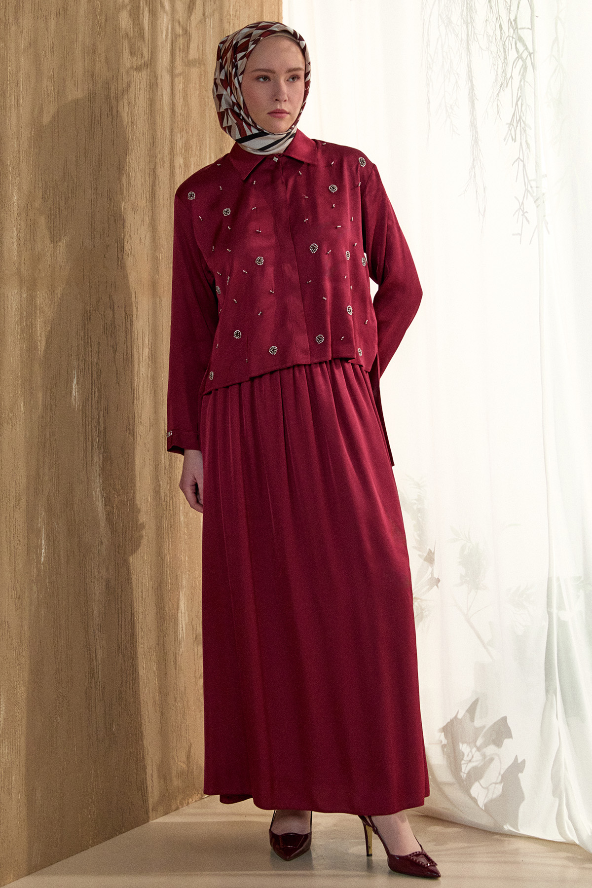 Boncuk İşlemeli İkili Saten Takım, Tesettür Giyim