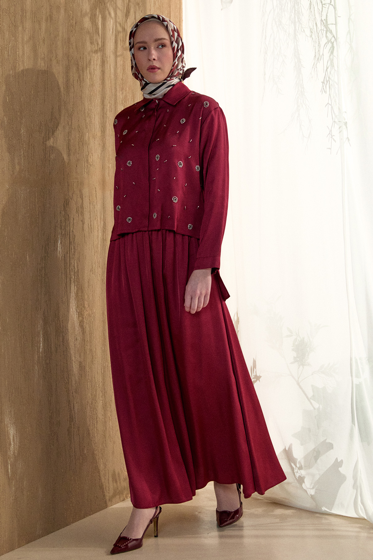 Boncuk İşlemeli İkili Saten Takım, Tesettür Giyim