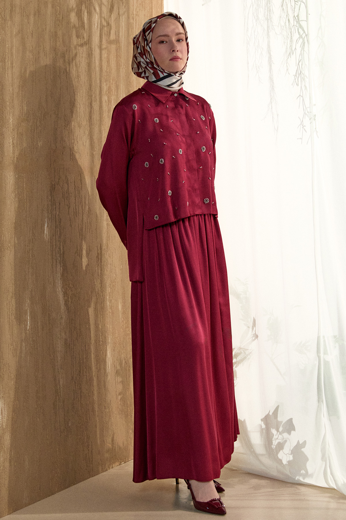 Boncuk İşlemeli İkili Saten Takım, Tesettür Giyim