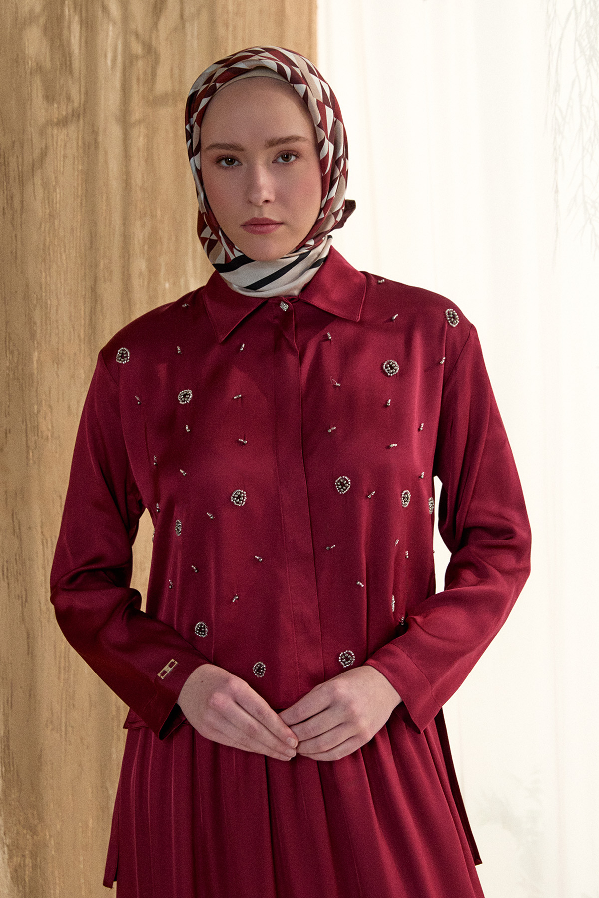 Boncuk İşlemeli İkili Saten Takım, Tesettür Giyim