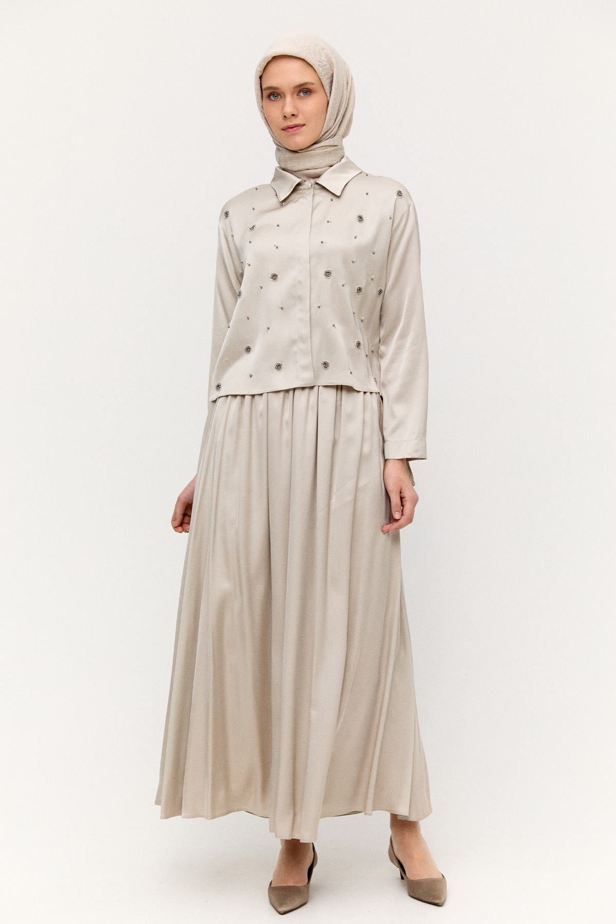 Boncuk İşlemeli İkili Saten Takım, Tesettür Giyim