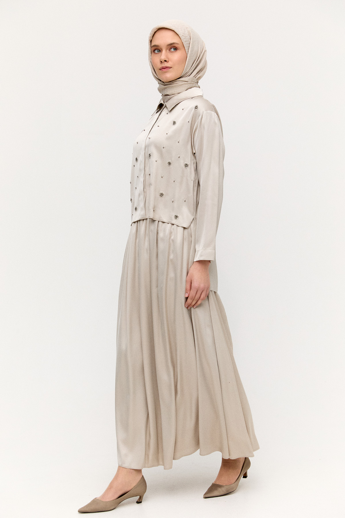 Boncuk İşlemeli İkili Saten Takım, Tesettür Giyim