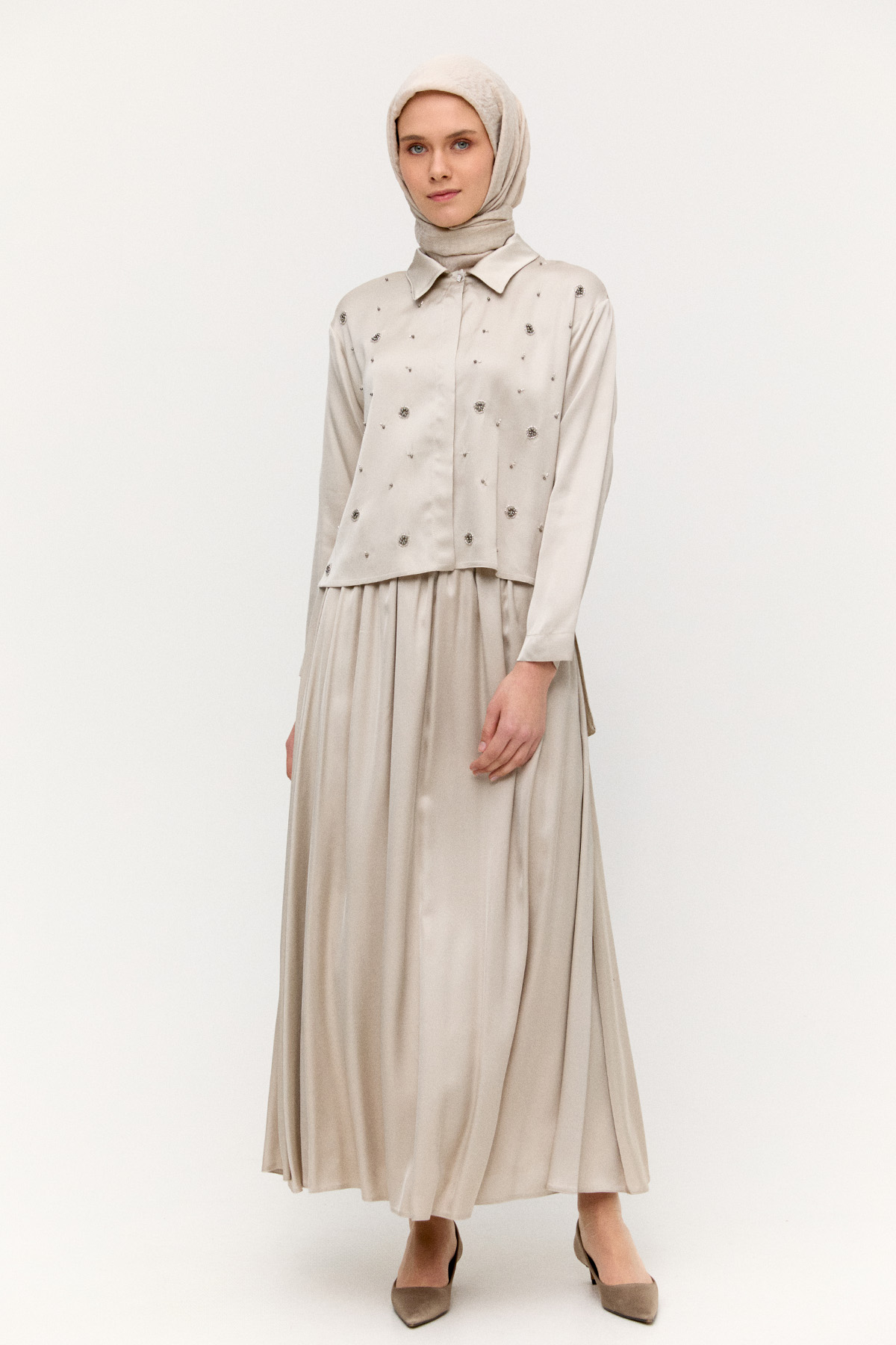Boncuk İşlemeli İkili Saten Takım, Tesettür Giyim