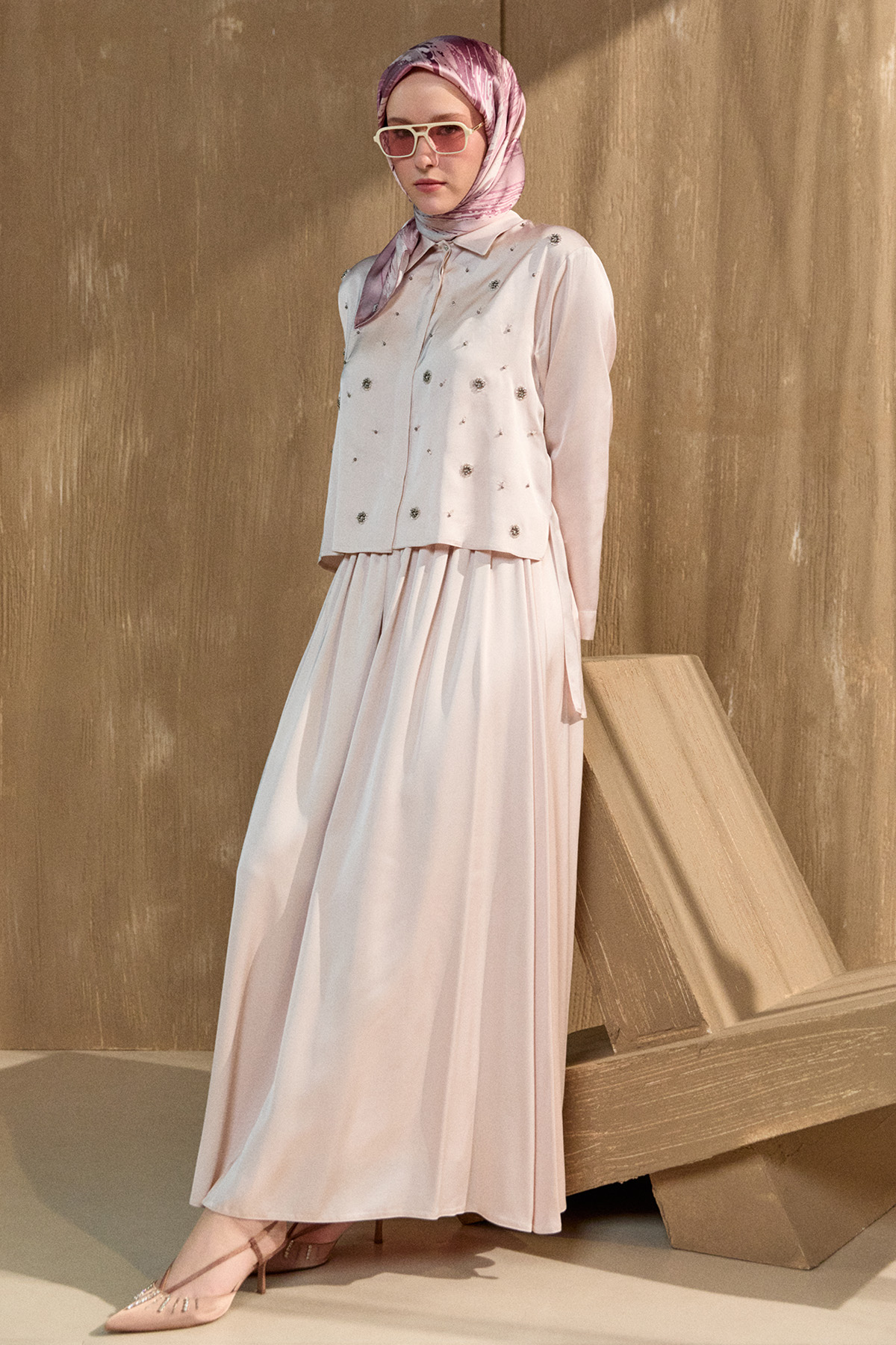 Boncuk İşlemeli İkili Saten Takım, Tesettür Giyim