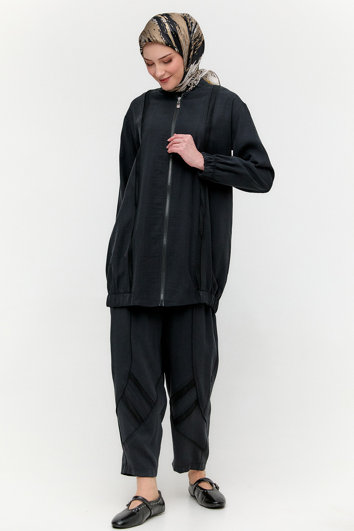 File Şerit Detaylı Modal Takım, Tesettür Giyim