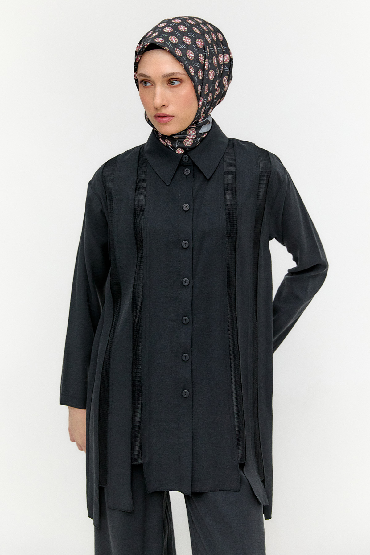 Şeritli File Detaylı İkili Takım, Tesettür Giyim