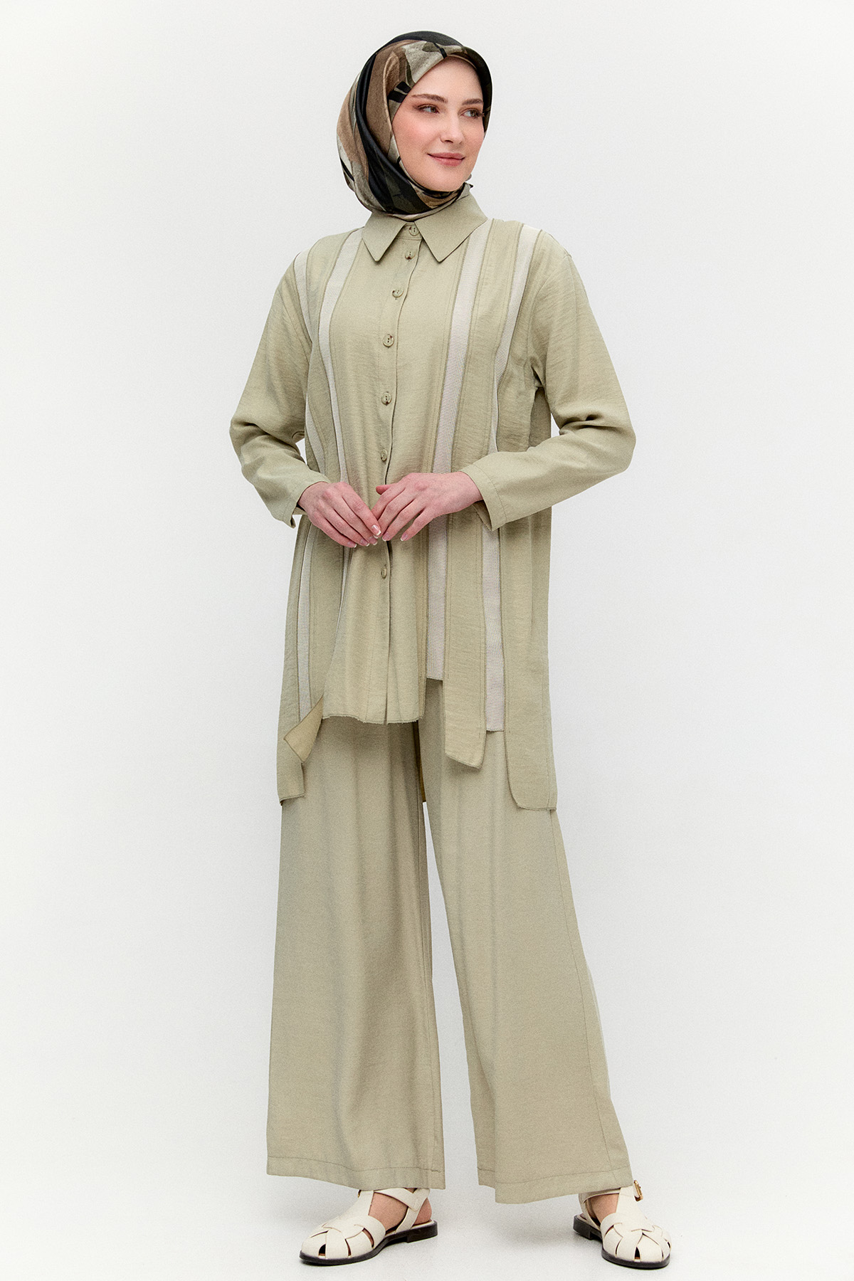 Şeritli File Detaylı İkili Takım, Tesettür Giyim