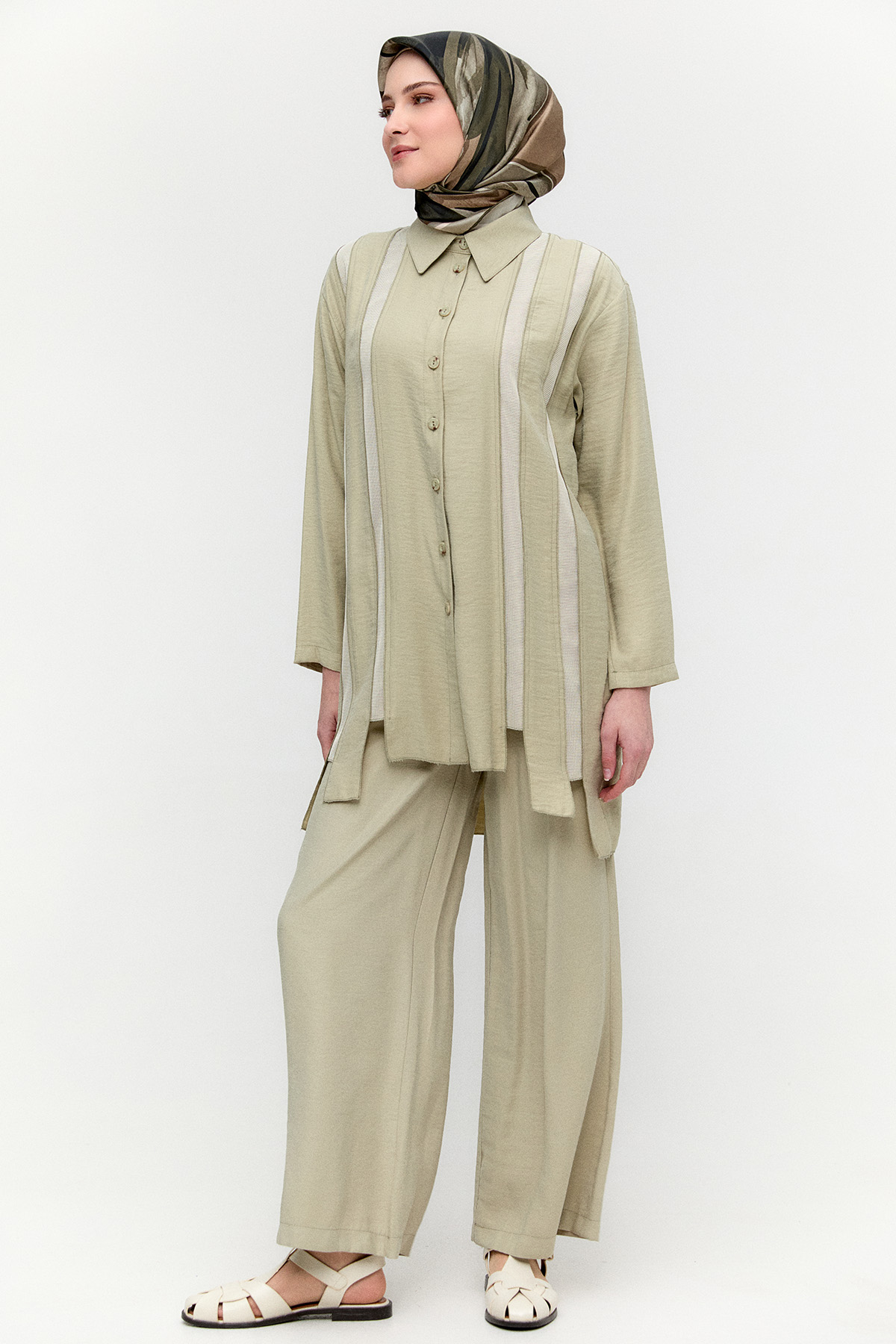 Şeritli File Detaylı İkili Takım, Tesettür Giyim