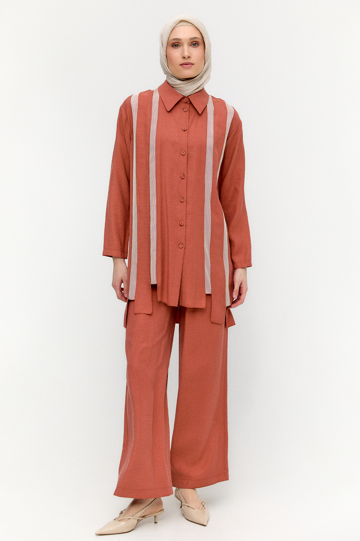 Şeritli File Detaylı İkili Takım, Tesettür Giyim
