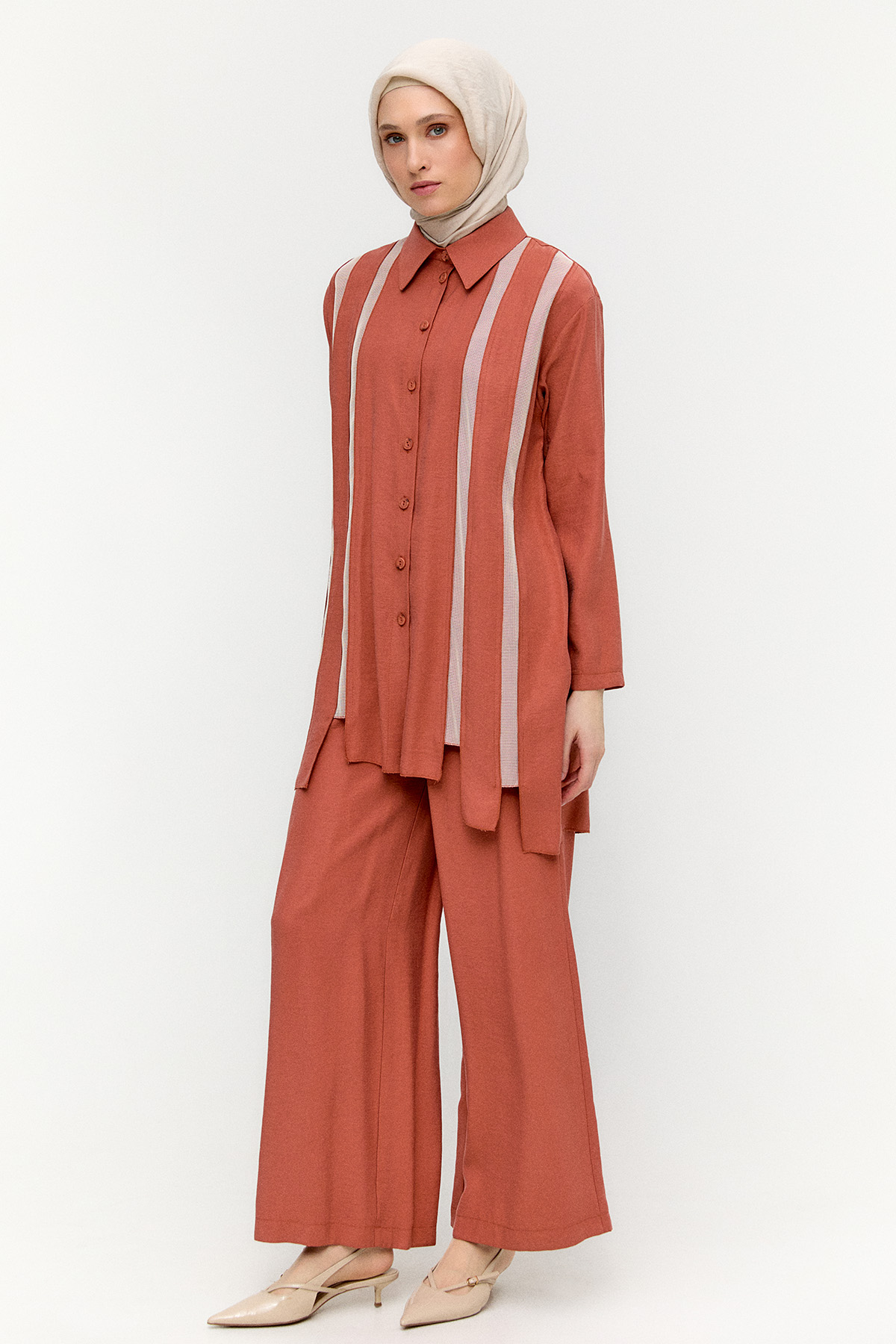 Şeritli File Detaylı İkili Takım, Tesettür Giyim