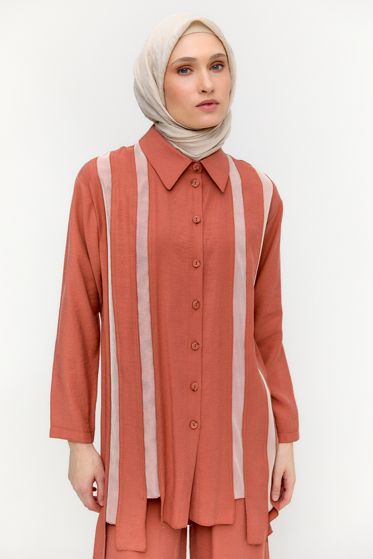 Şeritli File Detaylı İkili Takım, Tesettür Giyim