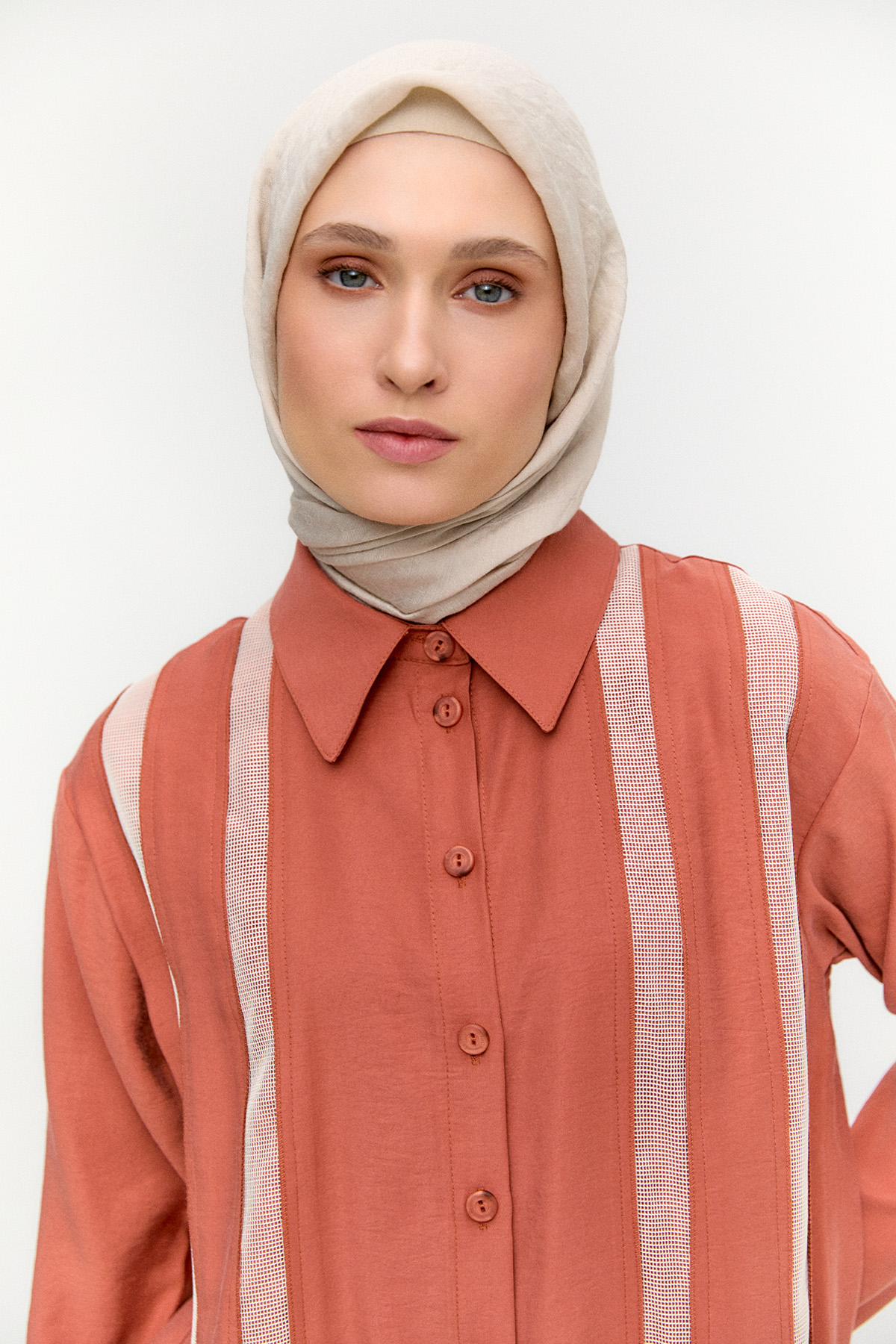 Şeritli File Detaylı İkili Takım, Tesettür Giyim