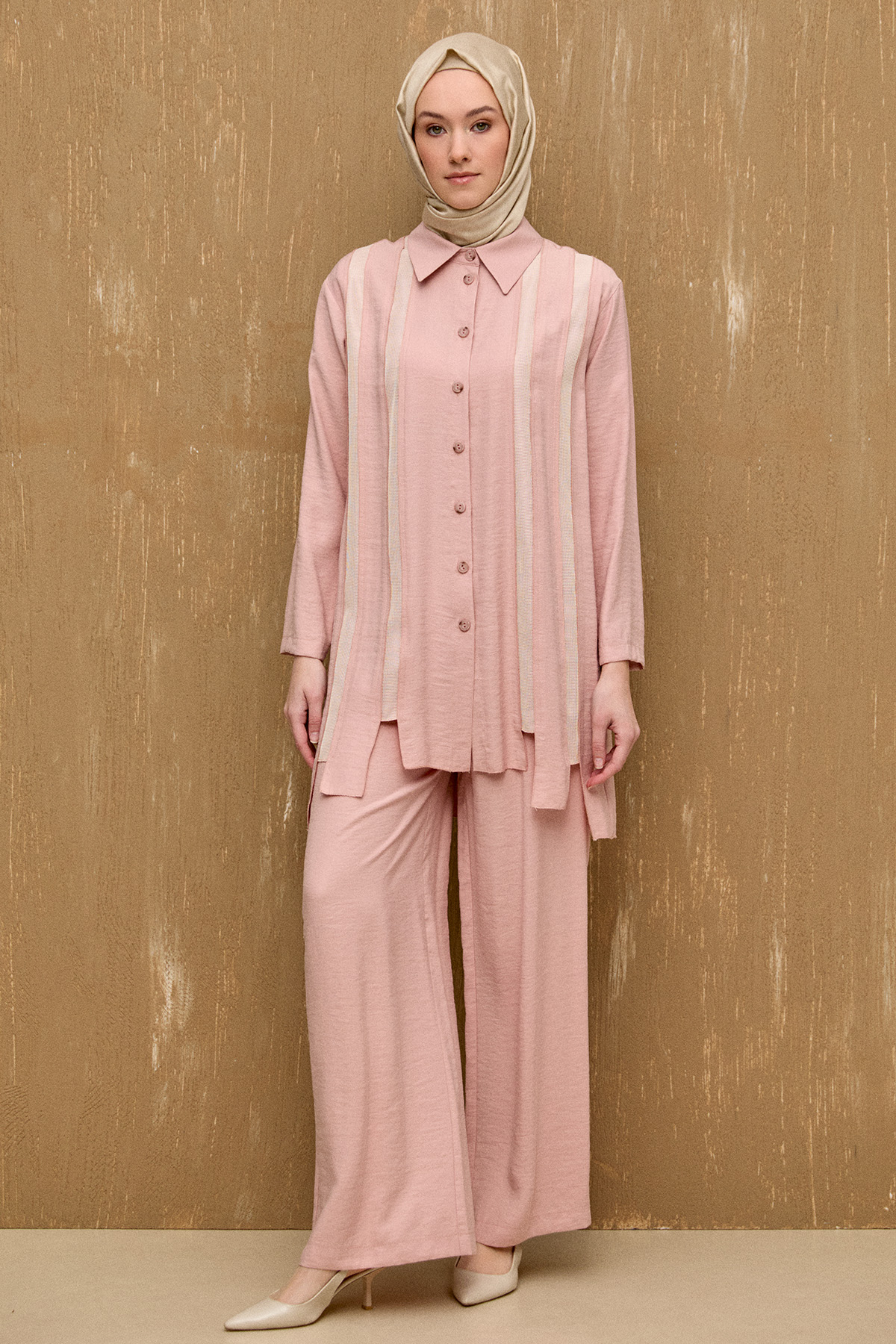 Şeritli File Detaylı İkili Takım, Tesettür Giyim