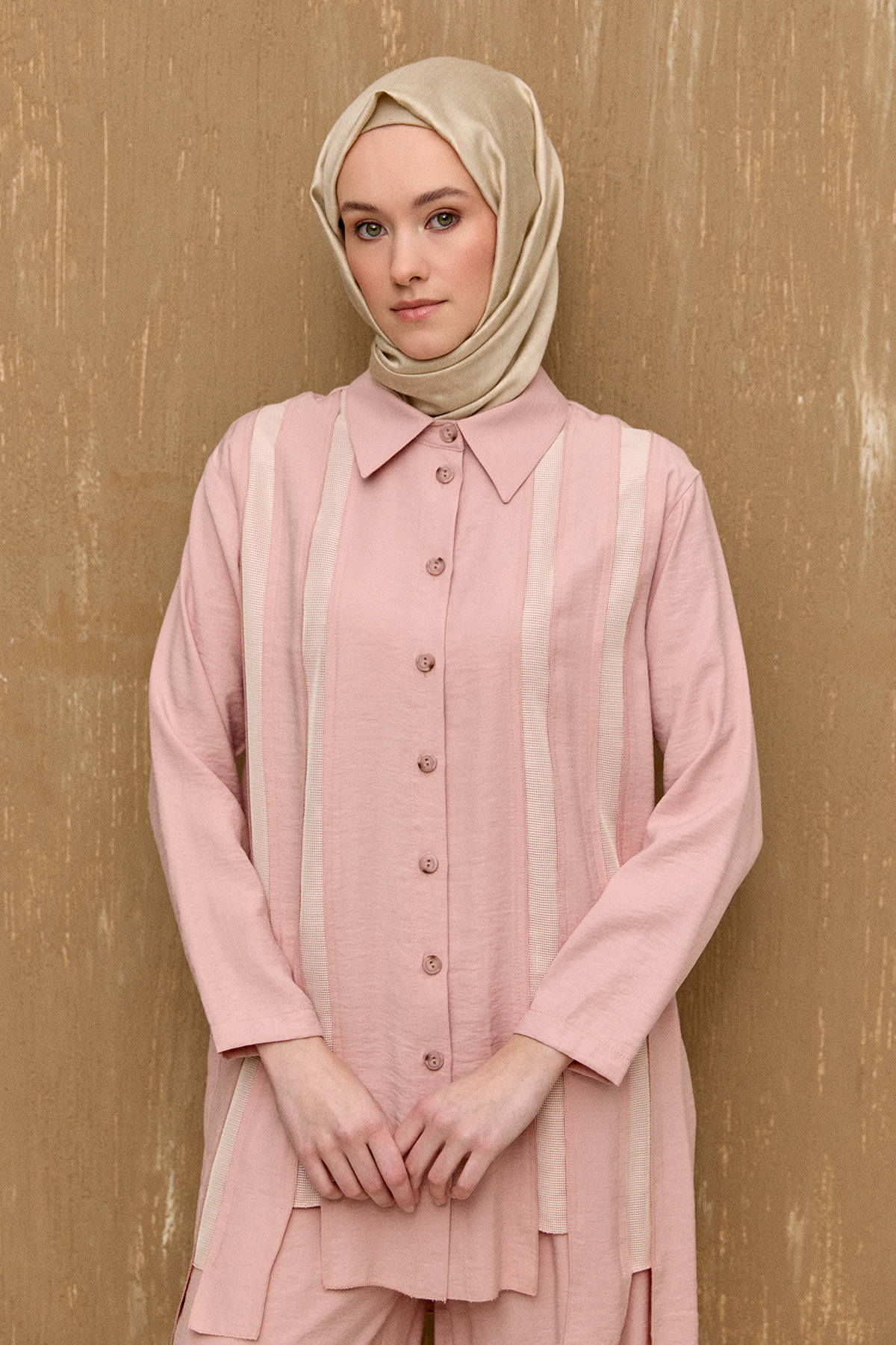 Şeritli File Detaylı İkili Takım, Tesettür Giyim