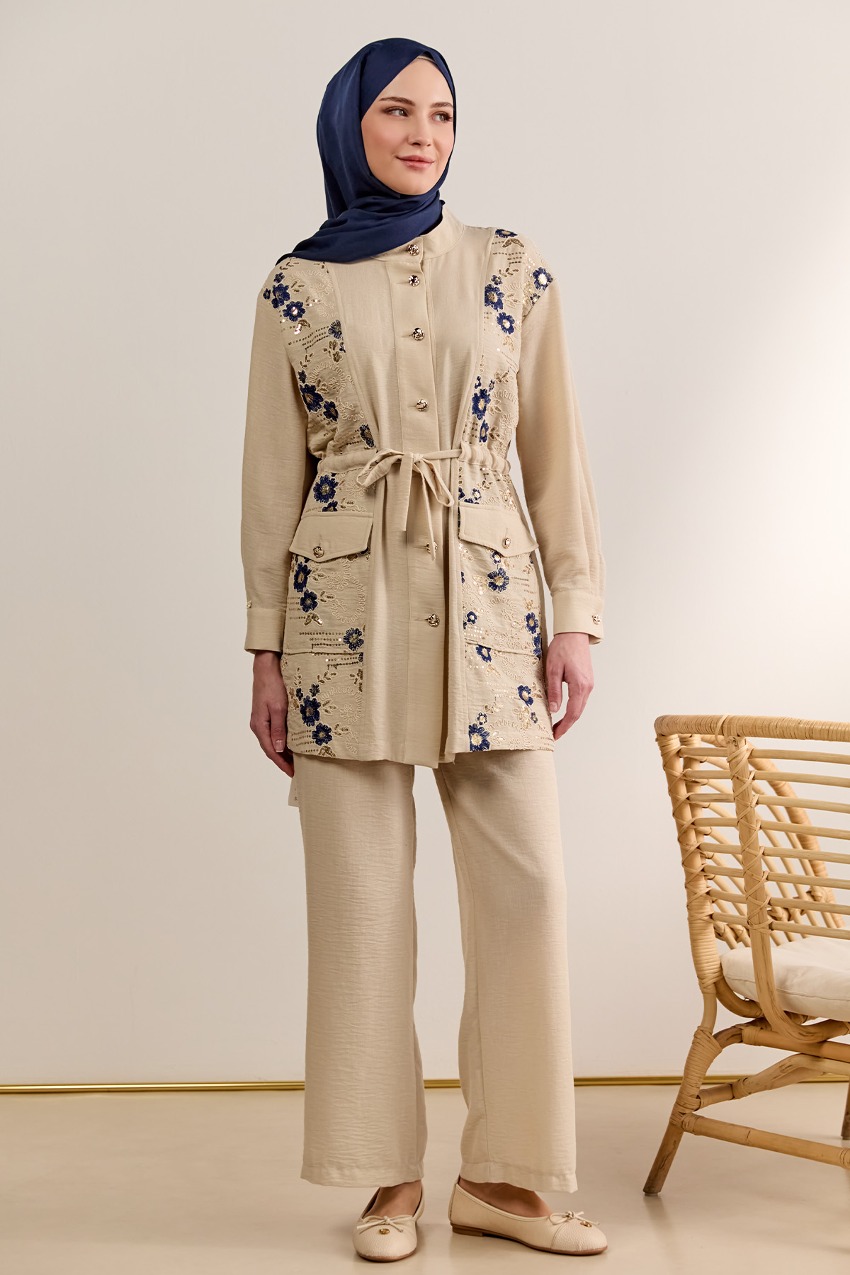 Keten Görünümlü Çiçekli İkili Takım, Tesettür Giyim