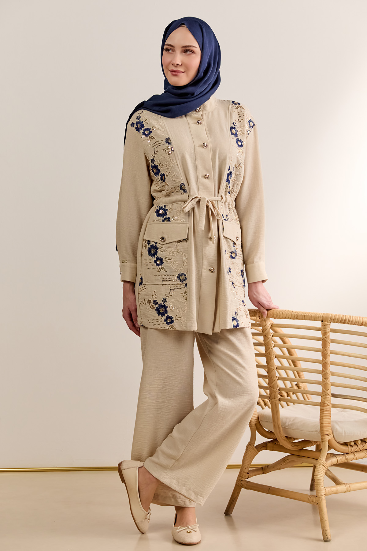 Keten Görünümlü Çiçekli İkili Takım, Tesettür Giyim
