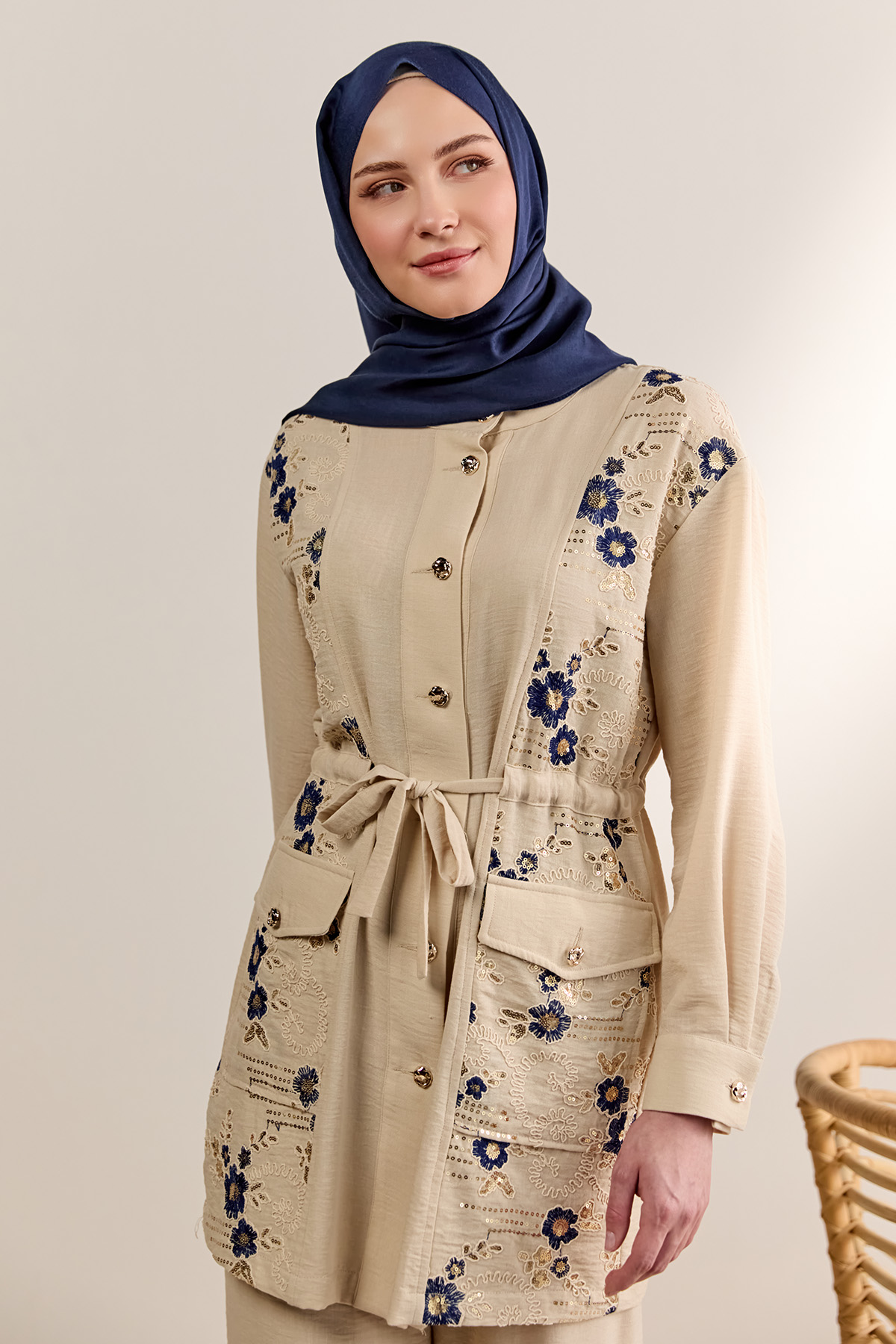 Keten Görünümlü Çiçekli İkili Takım, Tesettür Giyim