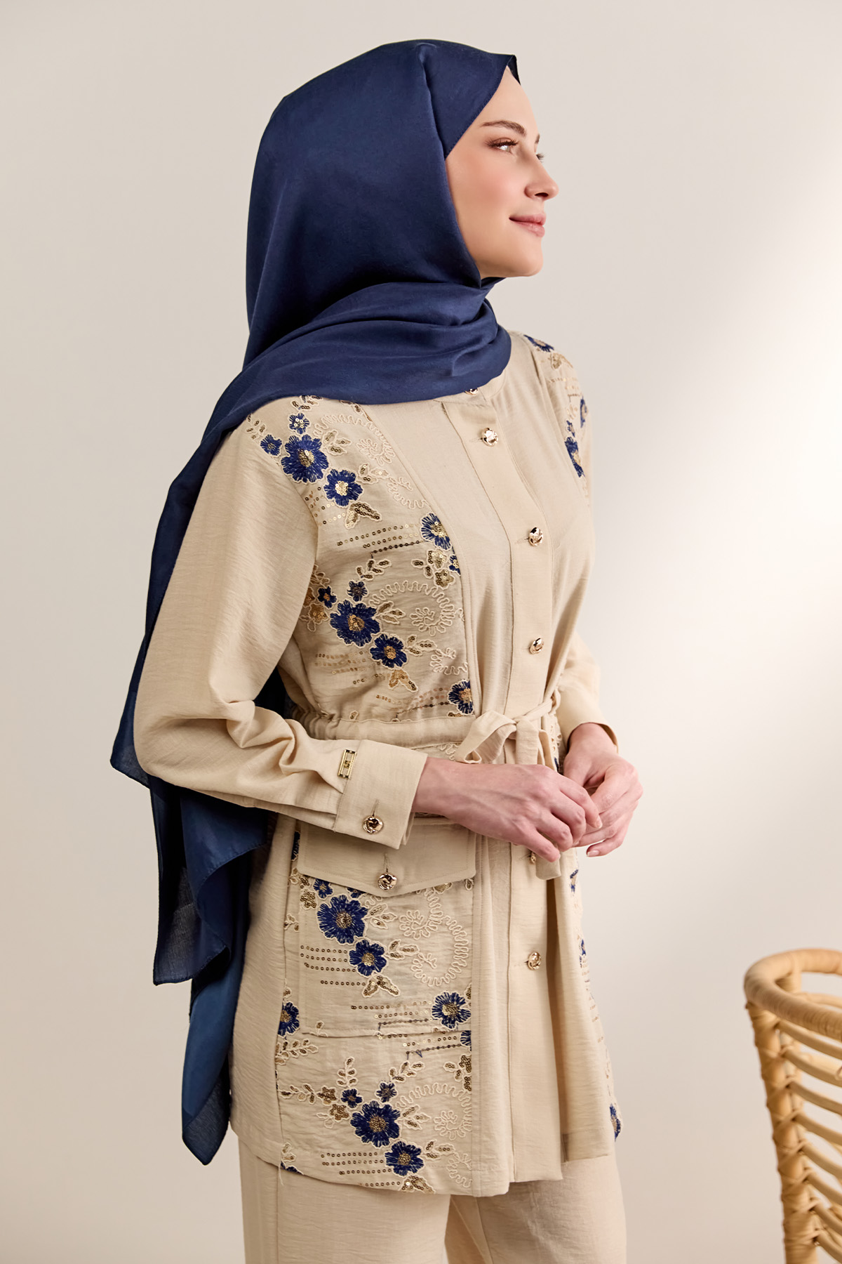 Keten Görünümlü Çiçekli İkili Takım, Tesettür Giyim