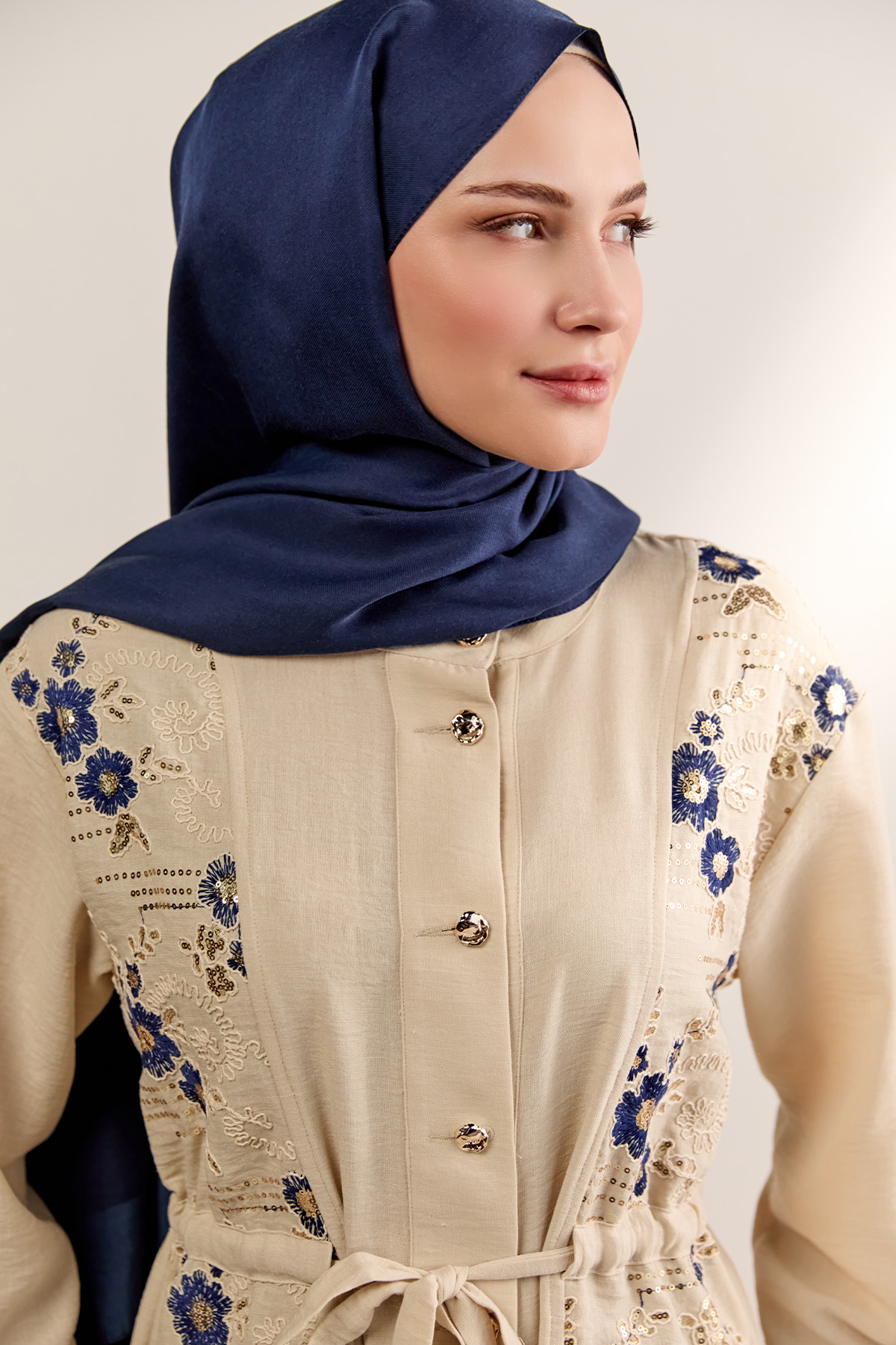 Keten Görünümlü Çiçekli İkili Takım, Tesettür Giyim