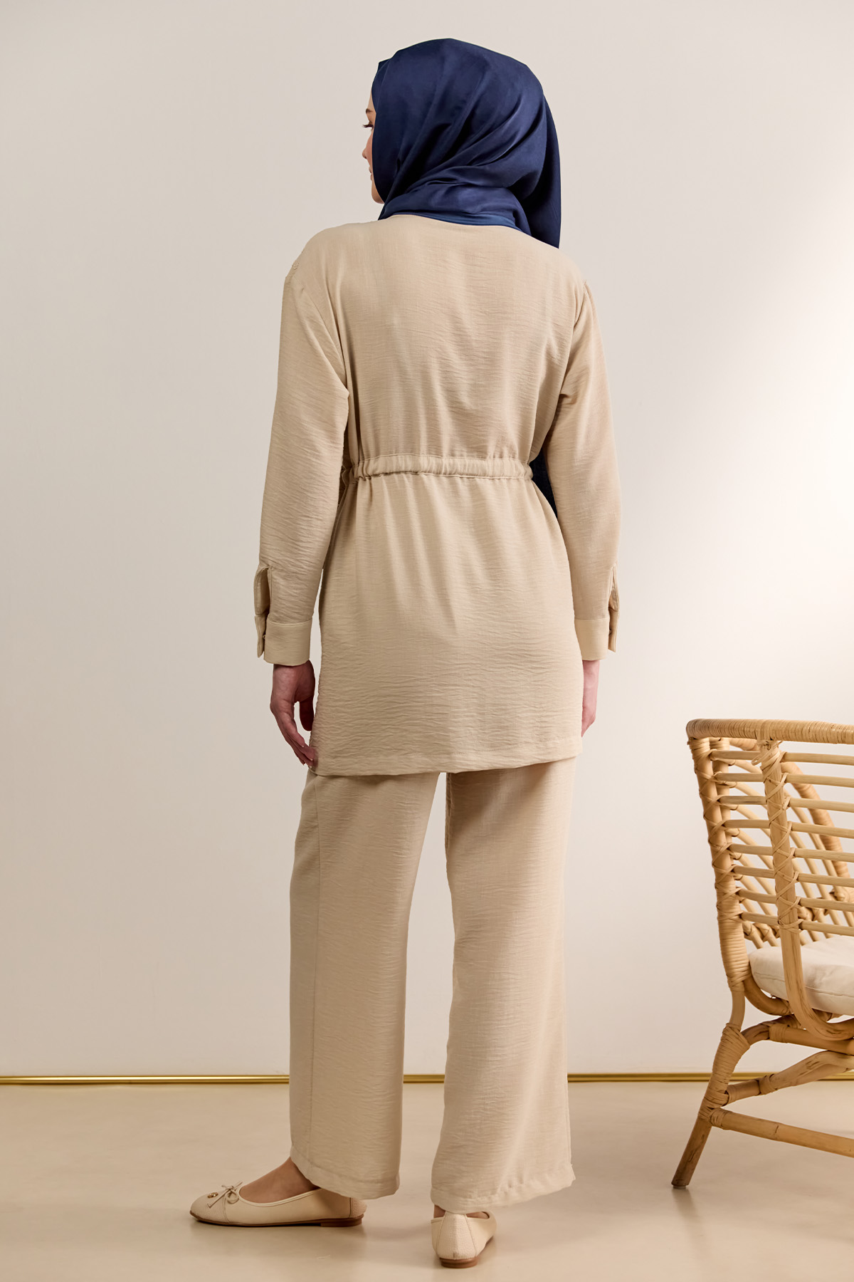 Keten Görünümlü Çiçekli İkili Takım, Tesettür Giyim