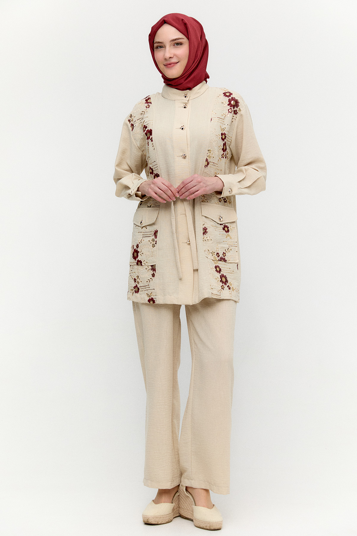 Keten Görünümlü Çiçekli İkili Takım, Tesettür Giyim