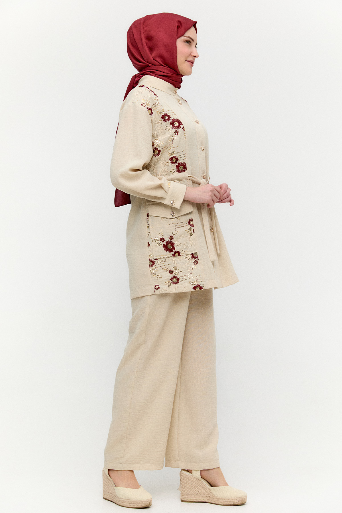 Keten Görünümlü Çiçekli İkili Takım, Tesettür Giyim