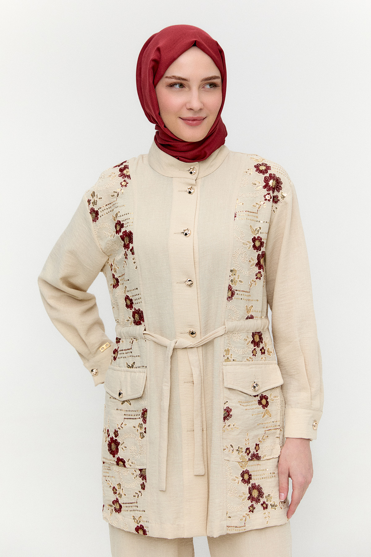 Keten Görünümlü Çiçekli İkili Takım, Tesettür Giyim