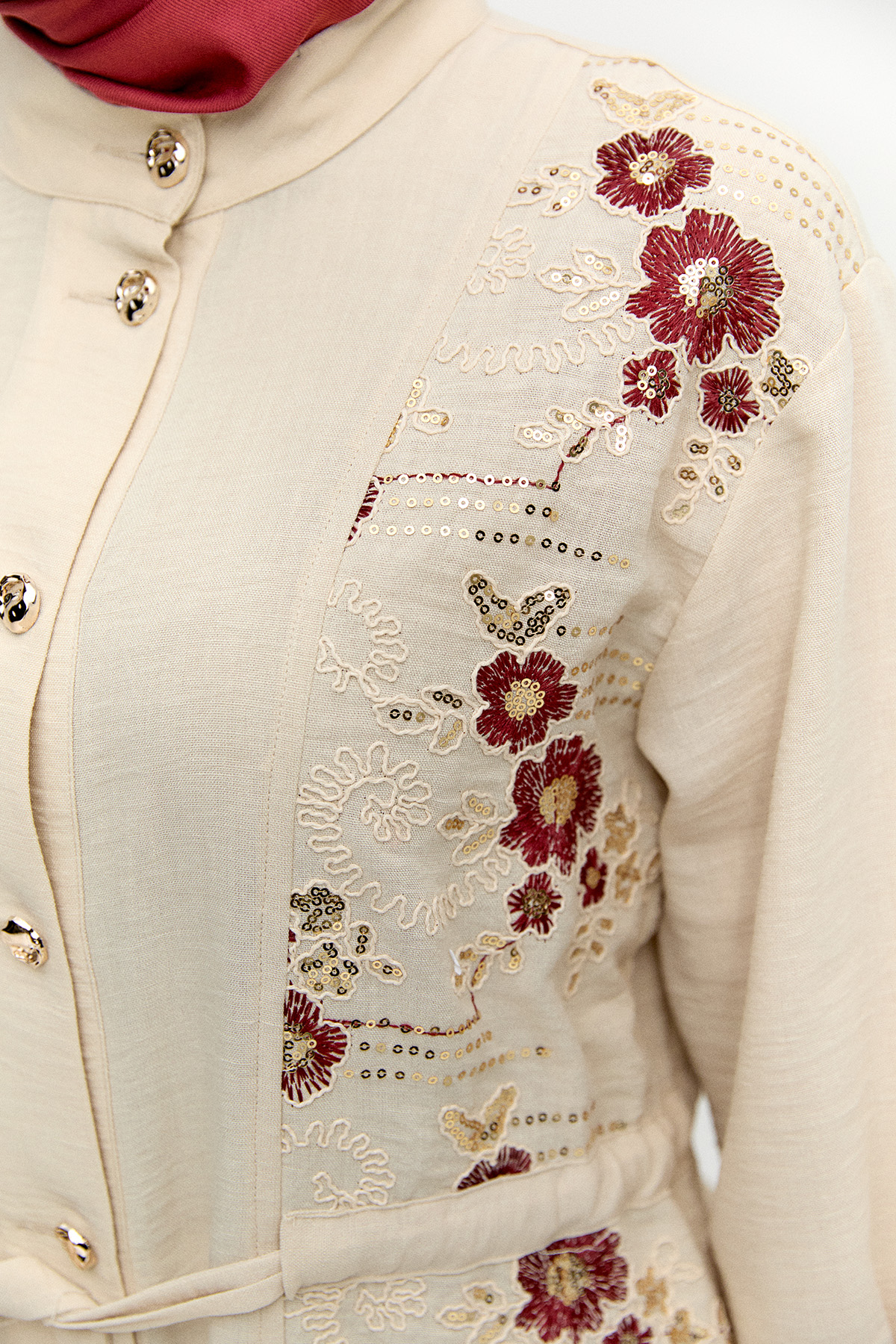 Keten Görünümlü Çiçekli İkili Takım, Tesettür Giyim