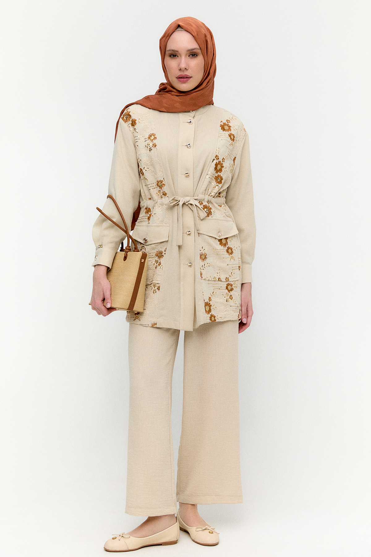 Keten Görünümlü Çiçekli İkili Takım, Tesettür Giyim