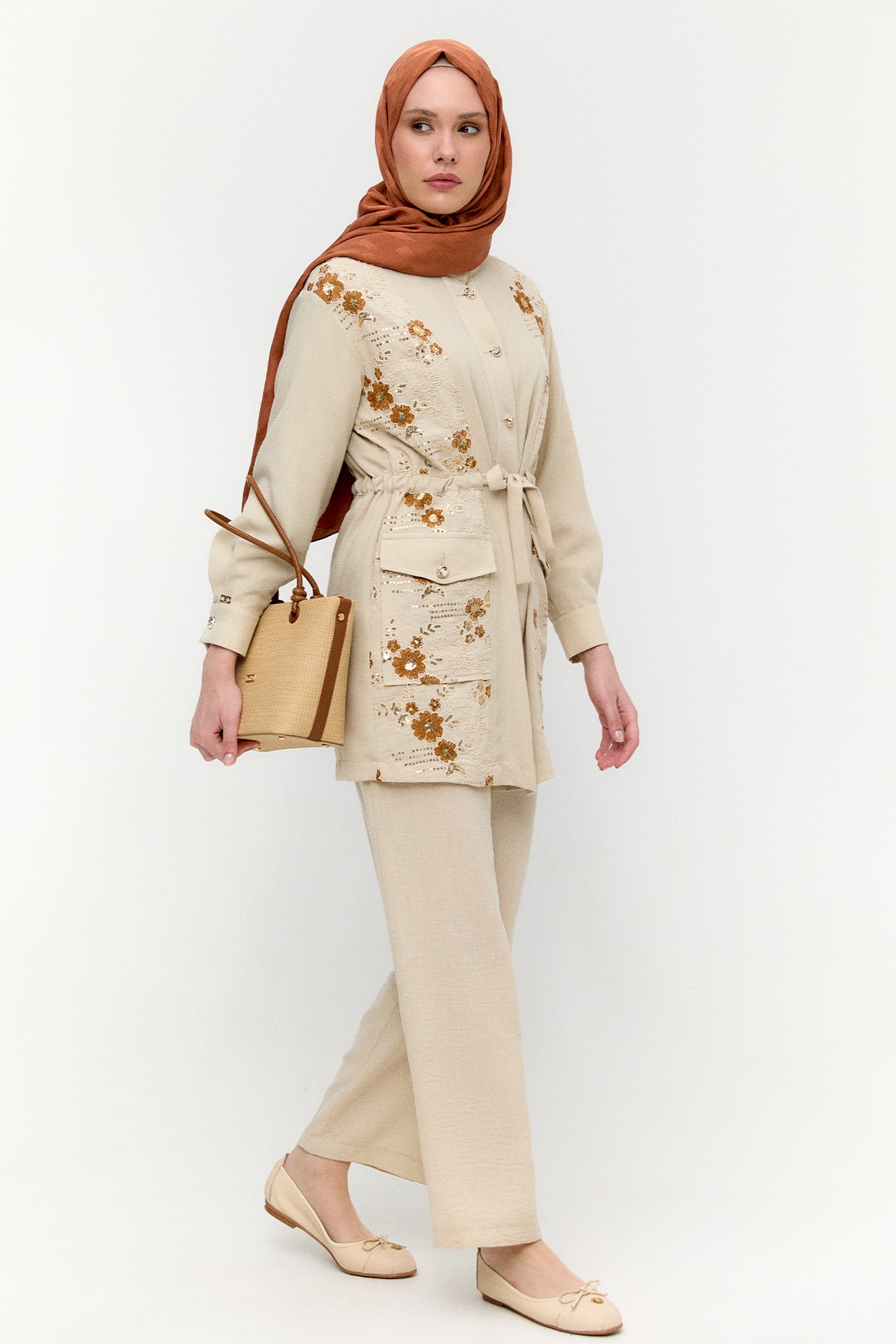 Keten Görünümlü Çiçekli İkili Takım, Tesettür Giyim