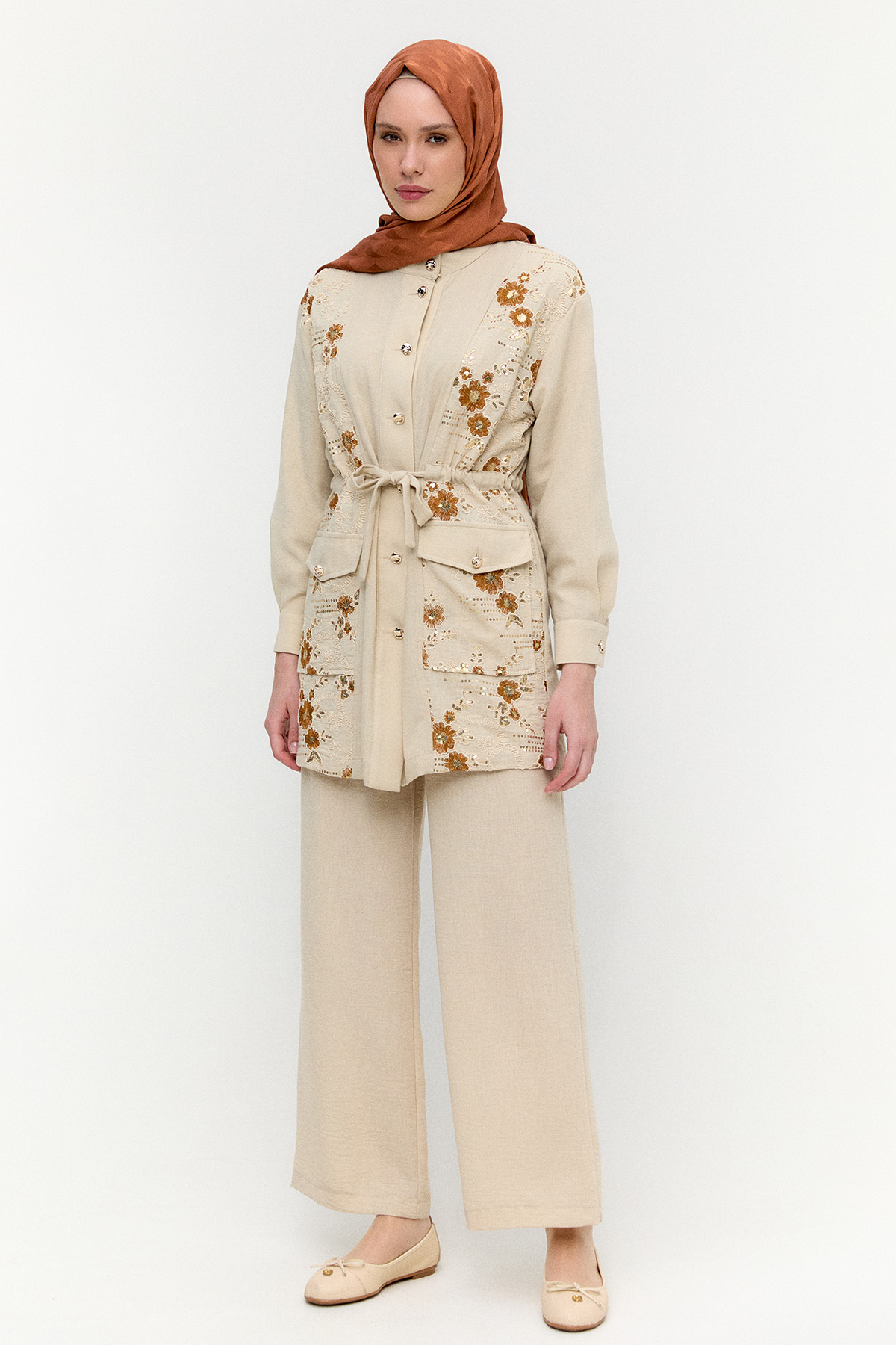 Keten Görünümlü Çiçekli İkili Takım, Tesettür Giyim