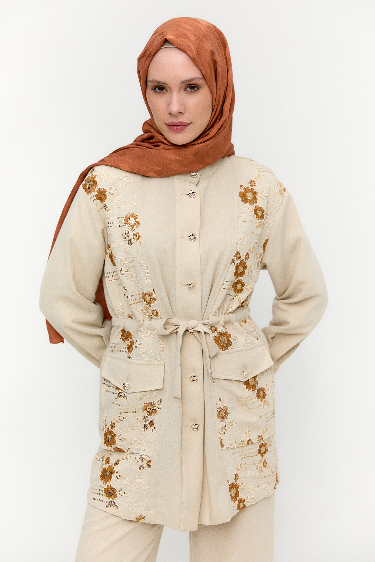 Keten Görünümlü Çiçekli İkili Takım, Tesettür Giyim