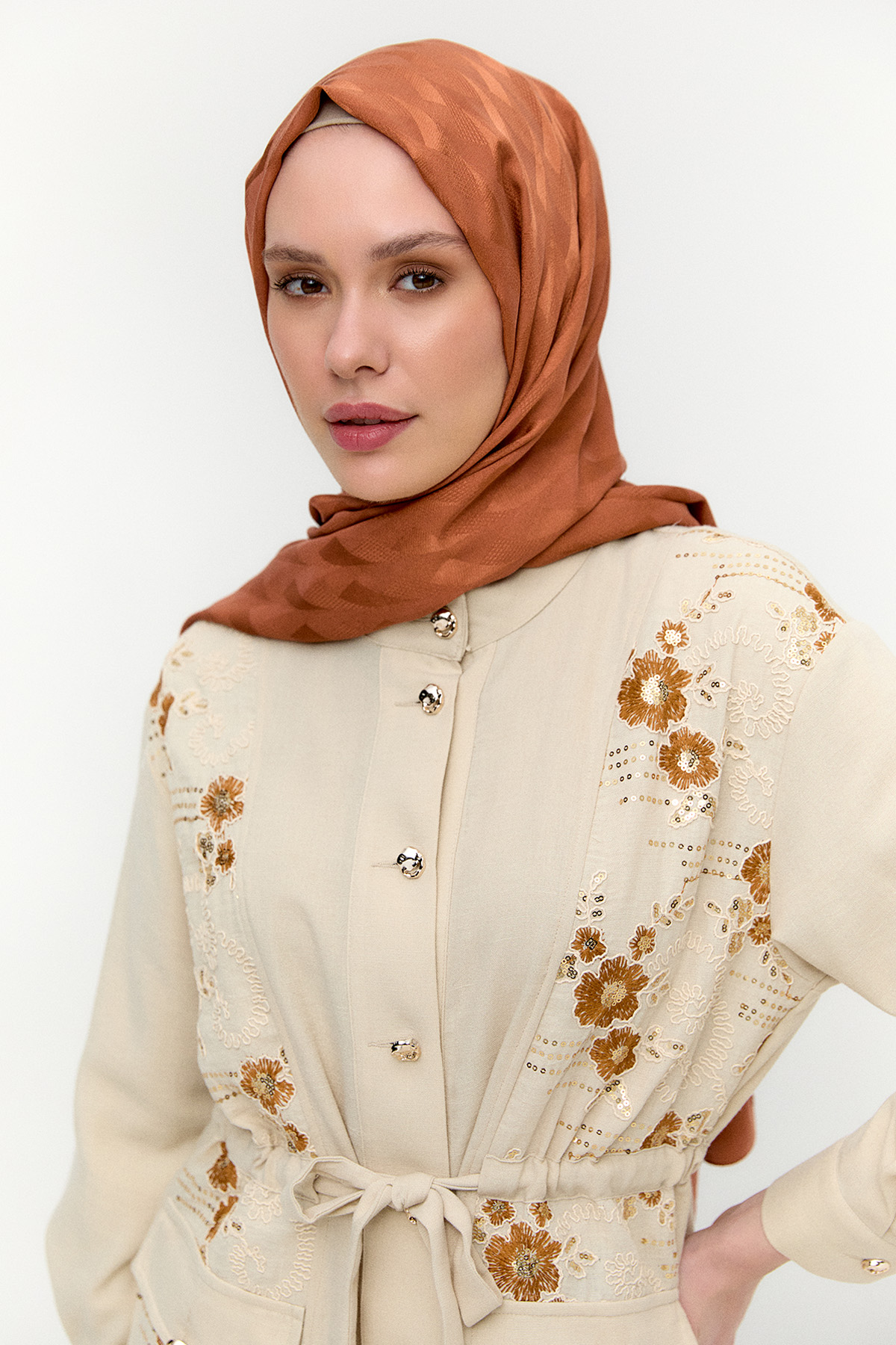 Keten Görünümlü Çiçekli İkili Takım, Tesettür Giyim