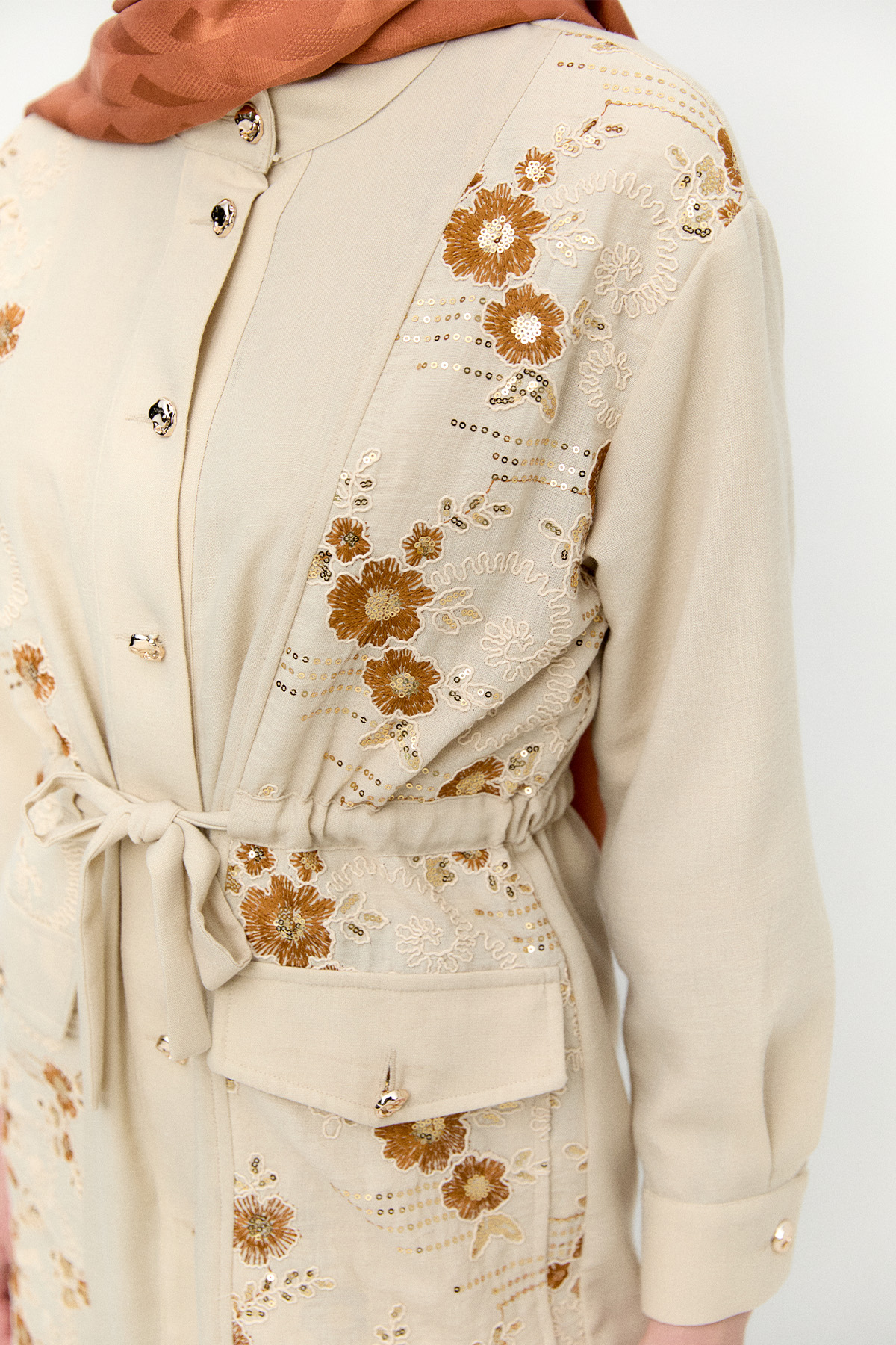 Keten Görünümlü Çiçekli İkili Takım, Tesettür Giyim