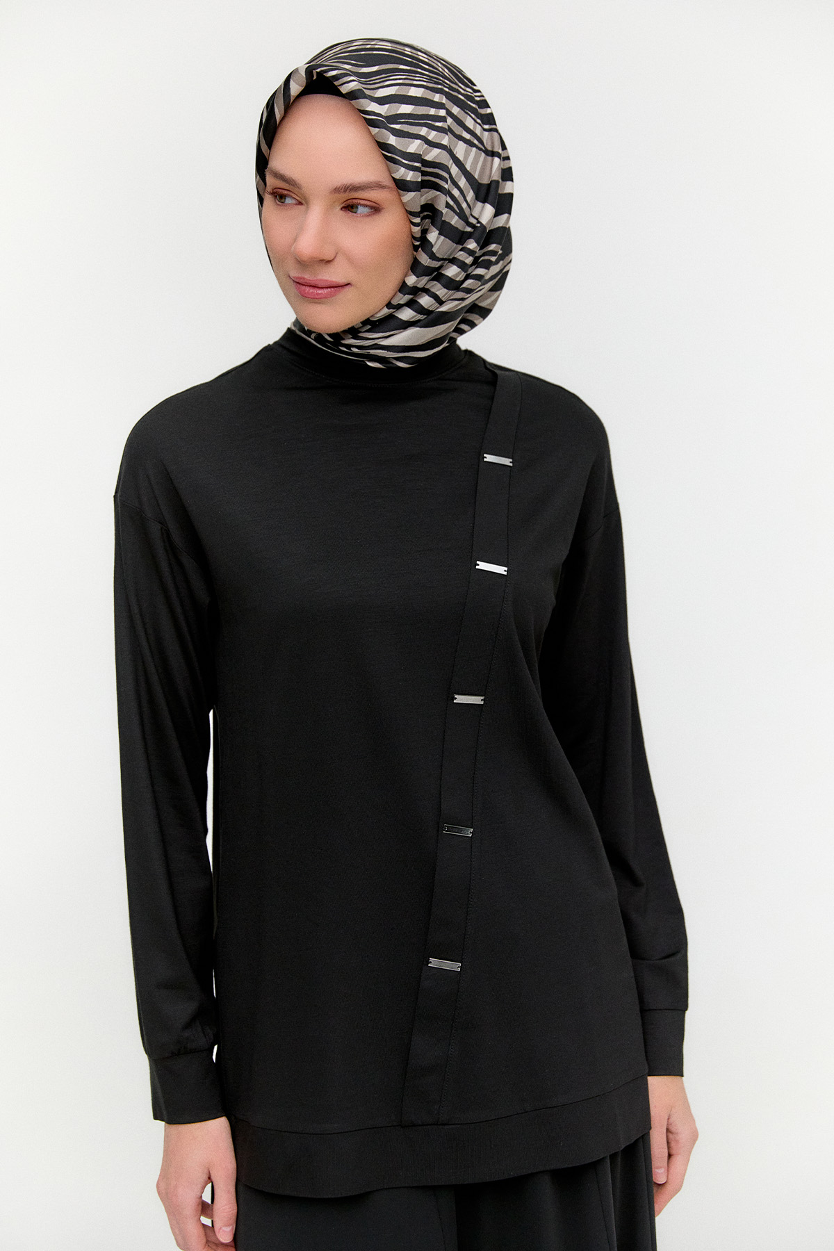 Metal Detaylı Oversize Penye Tunik, Tesettür Giyim