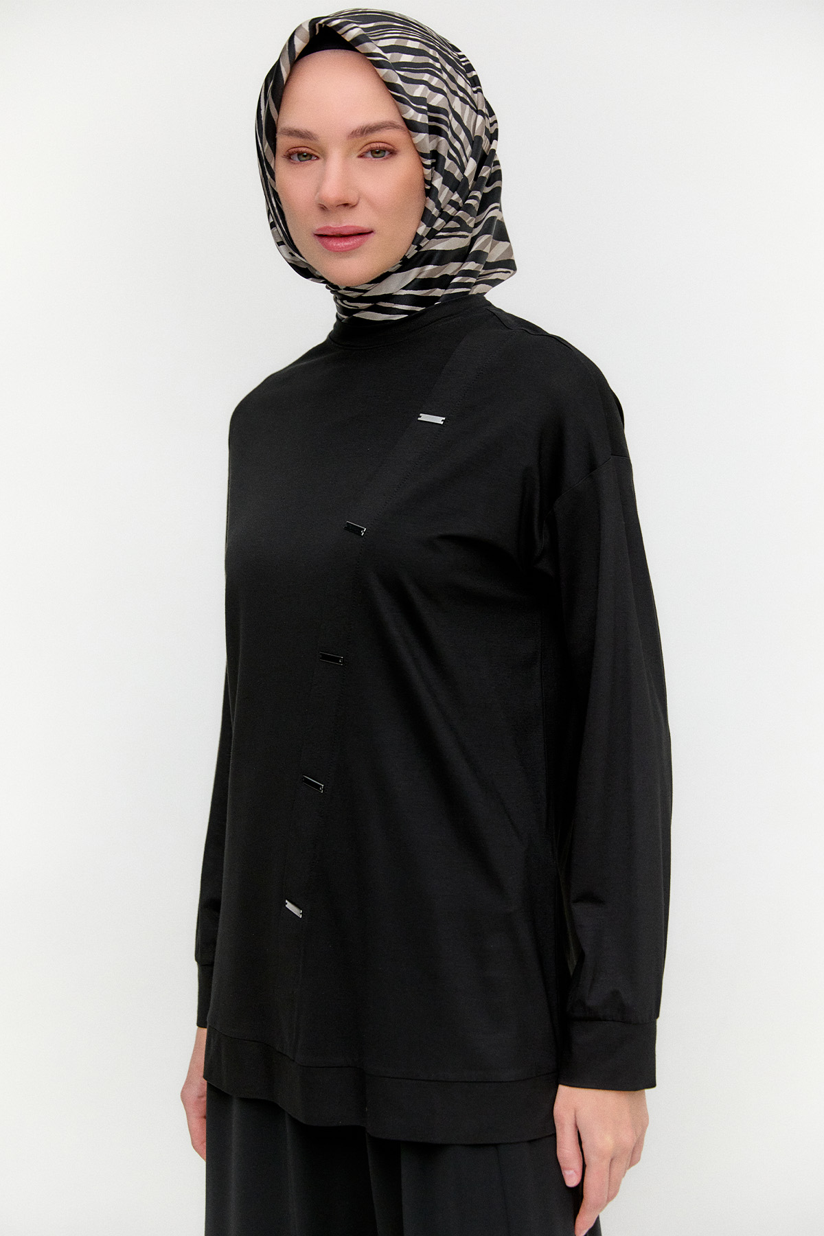 Metal Detaylı Oversize Penye Tunik, Tesettür Giyim