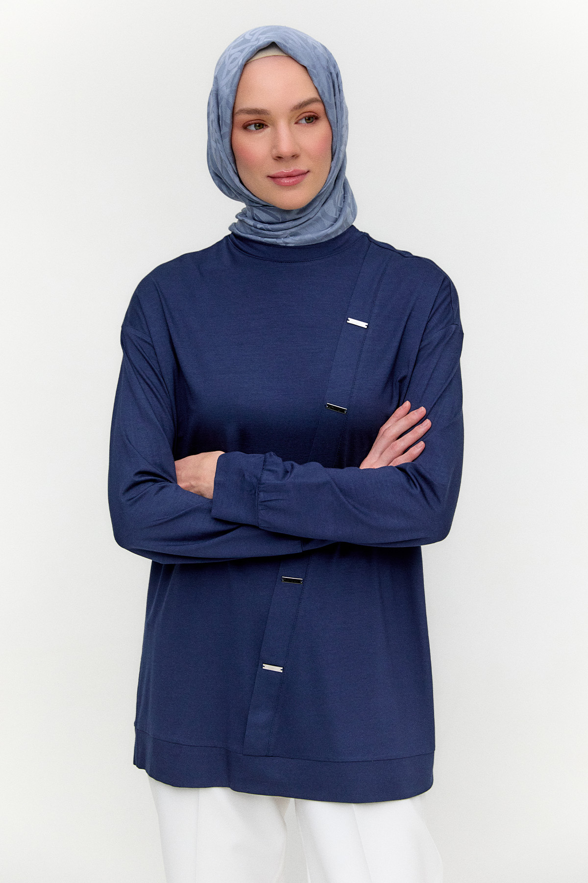 Metal Detaylı Oversize Penye Tunik, Tesettür Giyim