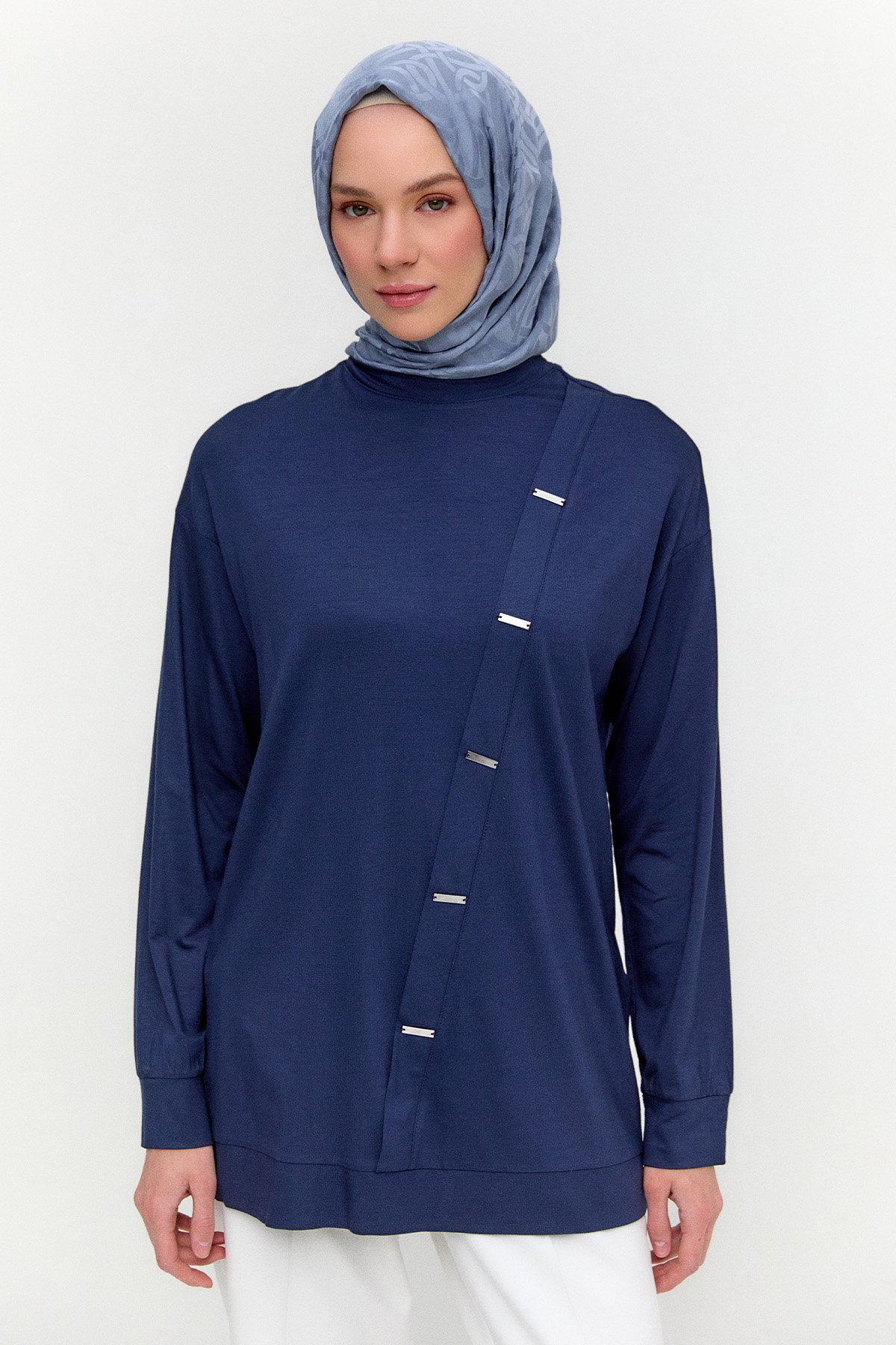 Metal Detaylı Oversize Penye Tunik, Tesettür Giyim