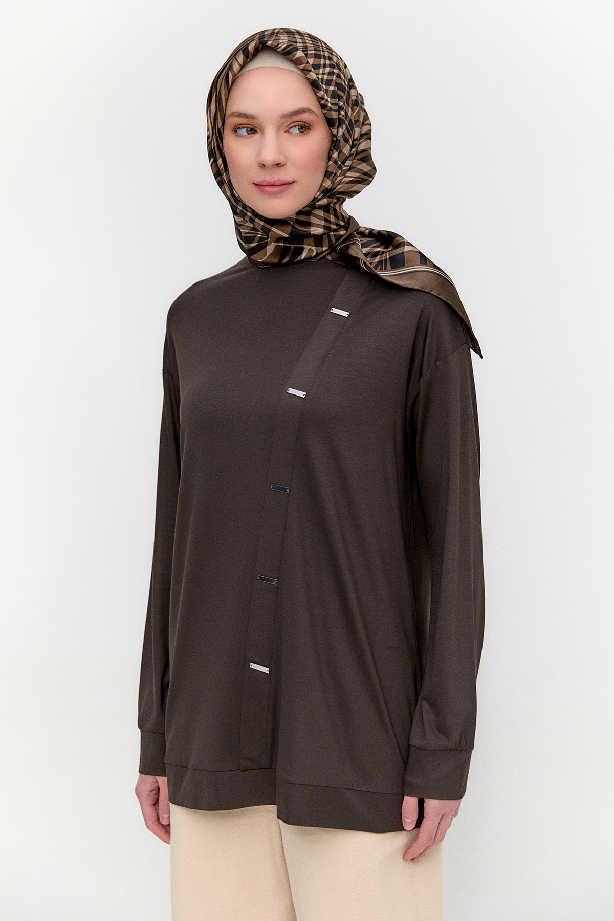 Metal Detaylı Oversize Penye Tunik, Tesettür Giyim