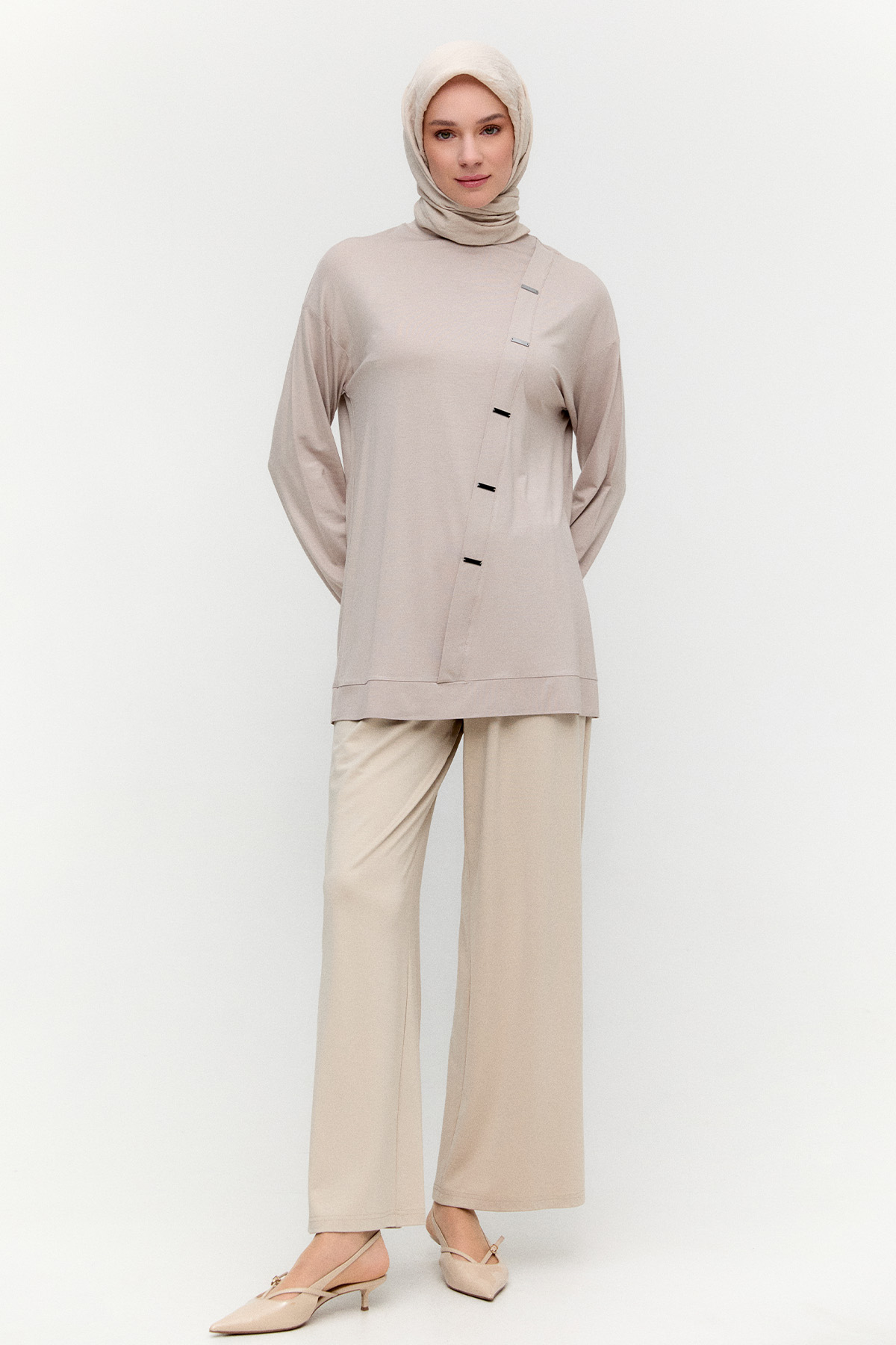 Metal Detaylı Oversize Penye Tunik, Tesettür Giyim