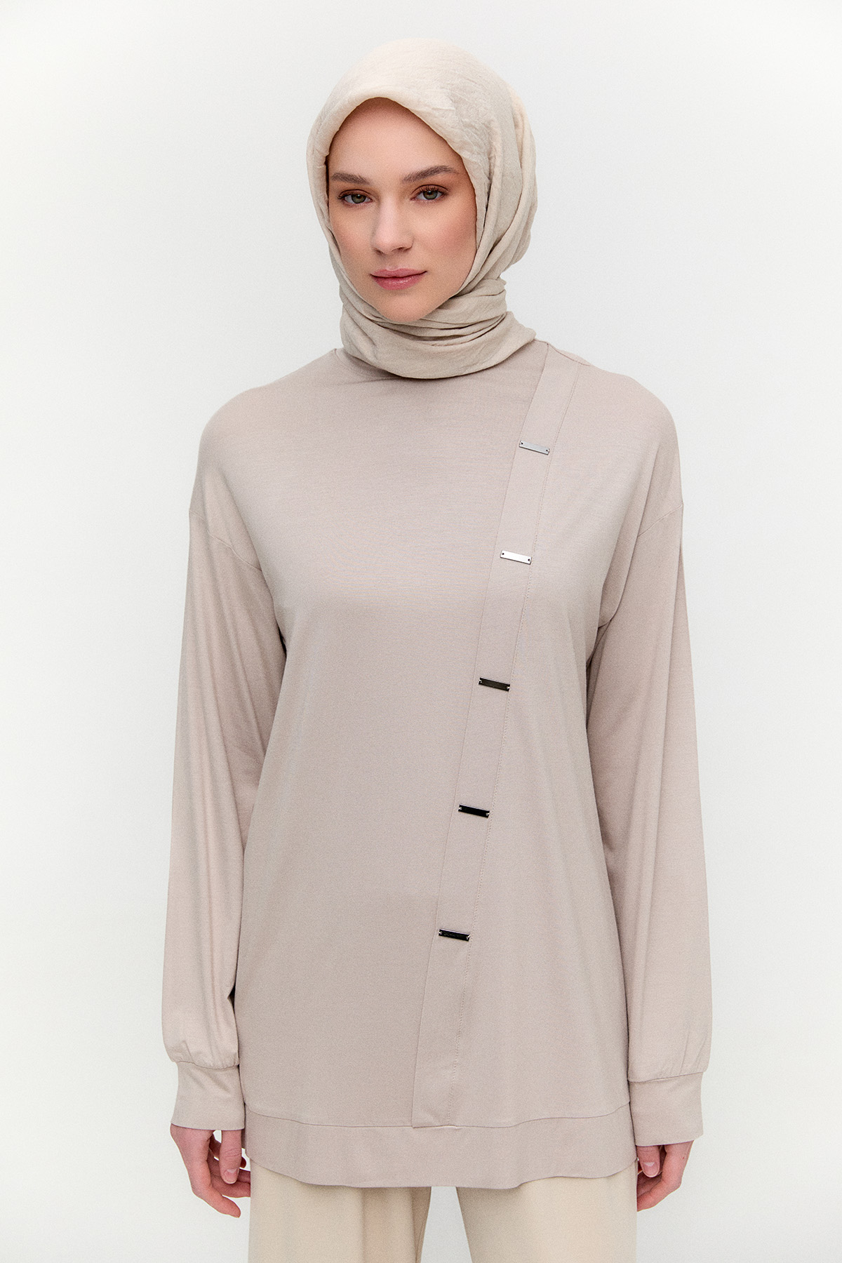 Metal Detaylı Oversize Penye Tunik, Tesettür Giyim