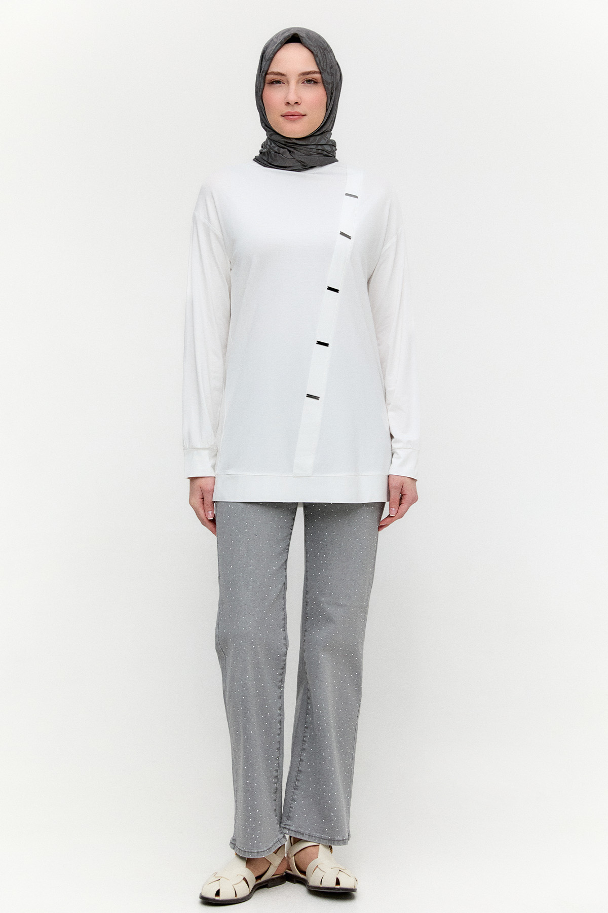 Metal Detaylı Oversize Penye Tunik, Tesettür Giyim