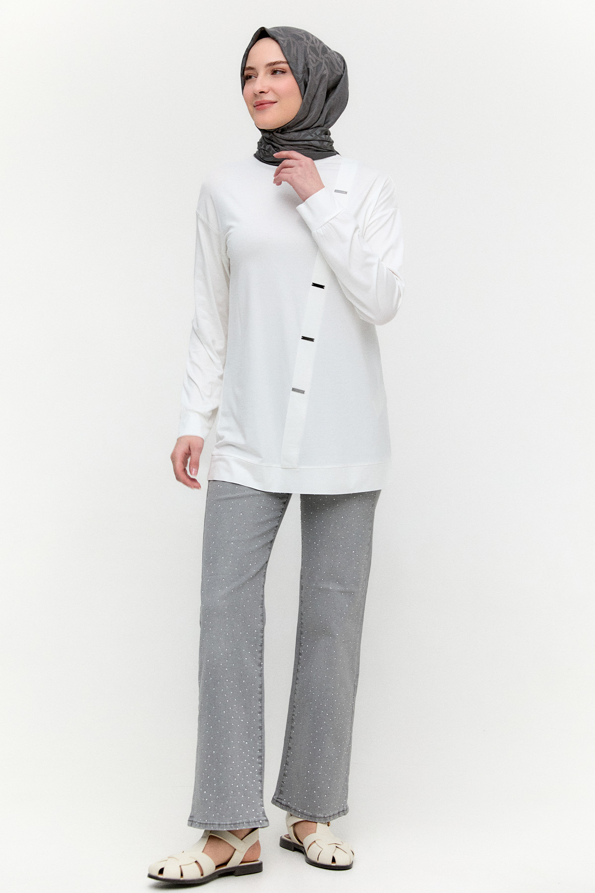 Metal Detaylı Oversize Penye Tunik, Tesettür Giyim