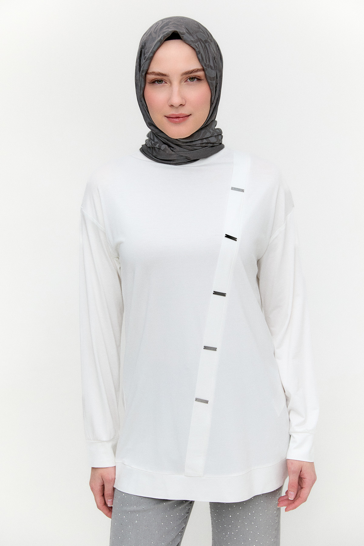 Metal Detaylı Oversize Penye Tunik, Tesettür Giyim